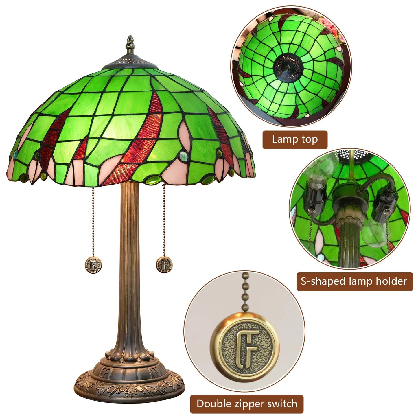 16inch Stained Glass Green Beads Lampshade Vintage Tiffany Desk Lamp - CTL