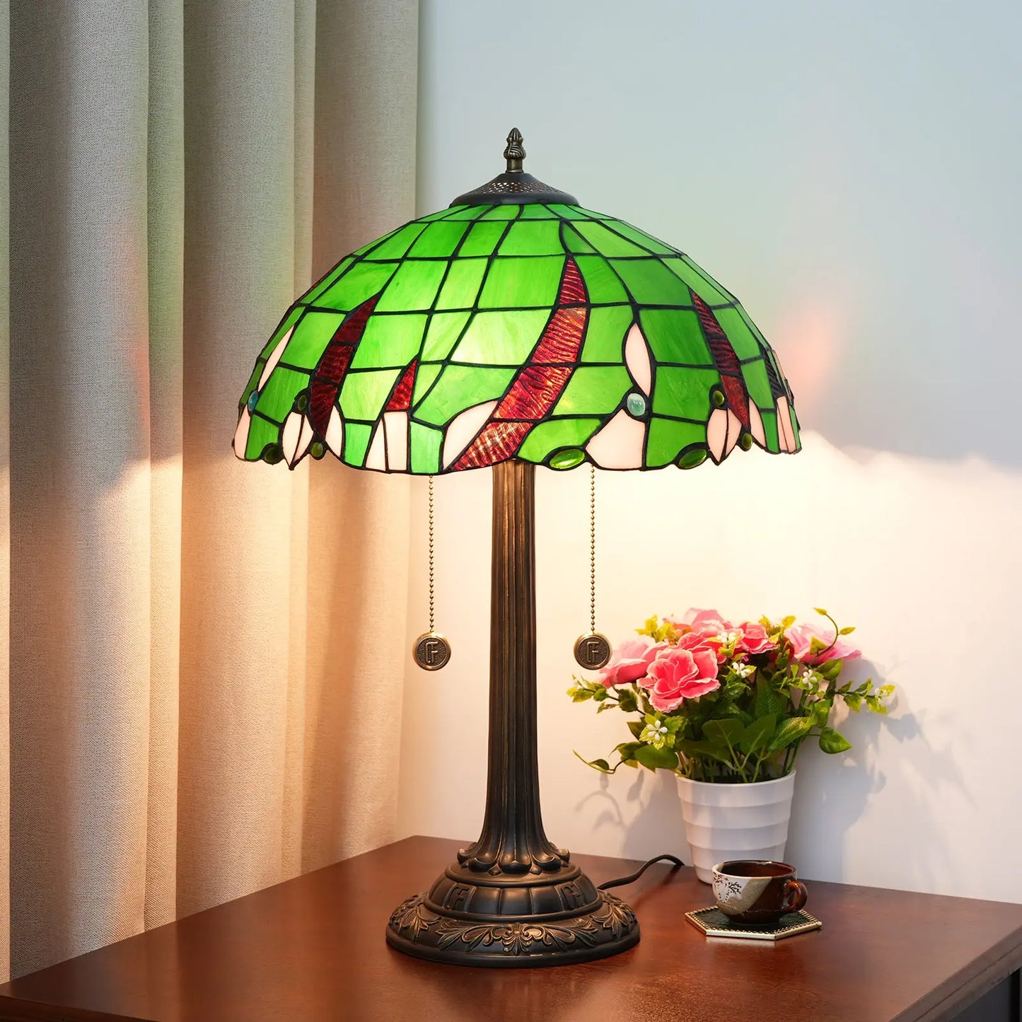 16inch Stained Glass Green Beads Lampshade Vintage Tiffany Desk Lamp - CTL
