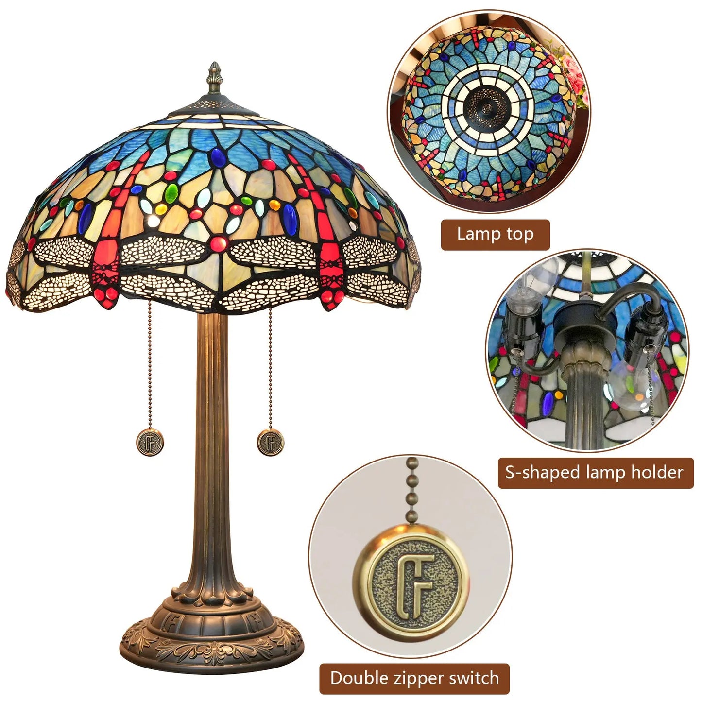 16inch Stained Glass Lampshade Blue Dragonfly Tiffany Lamp Vintage Desk Light - CTL