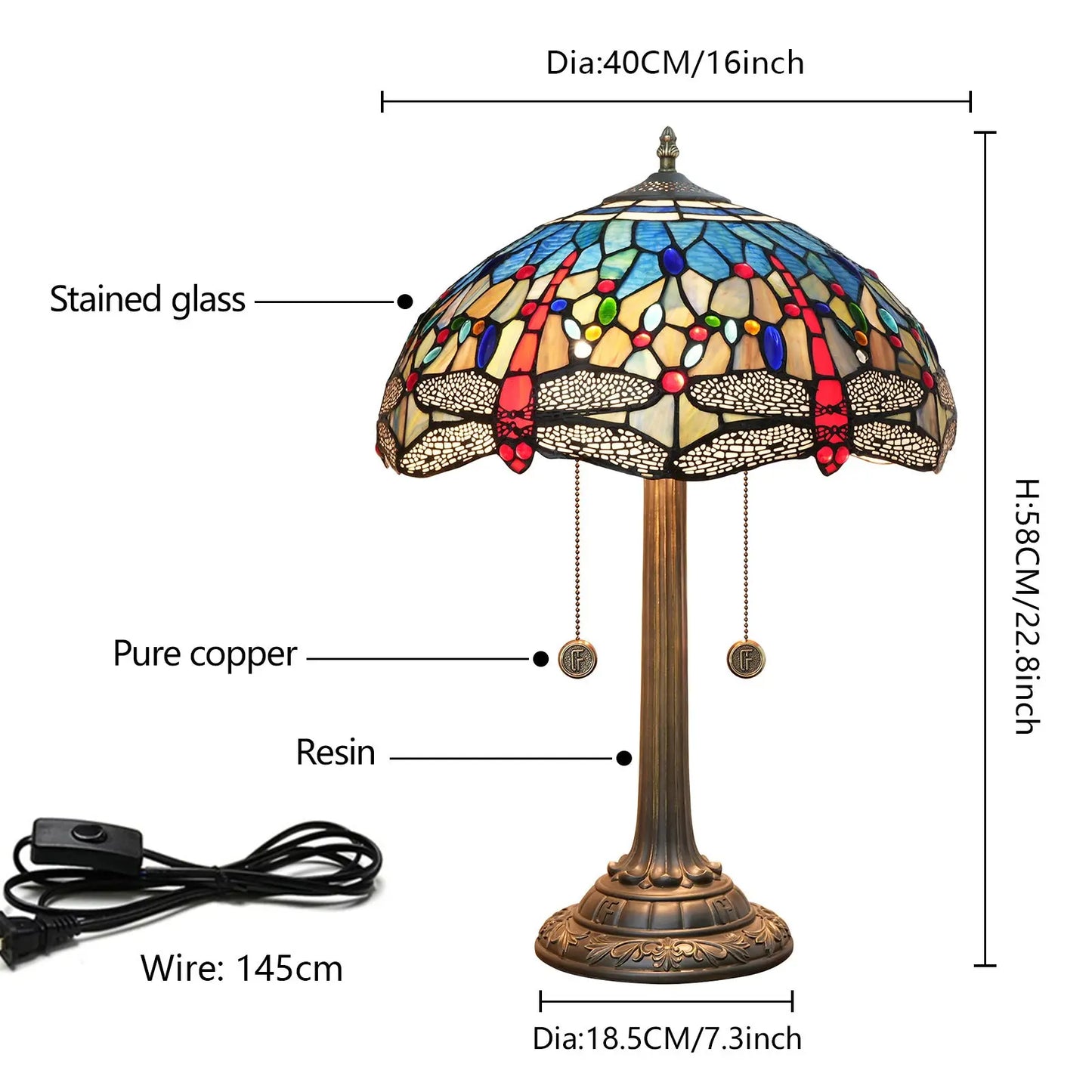 16inch Stained Glass Lampshade Blue Dragonfly Tiffany Lamp Vintage Desk Light - CTL