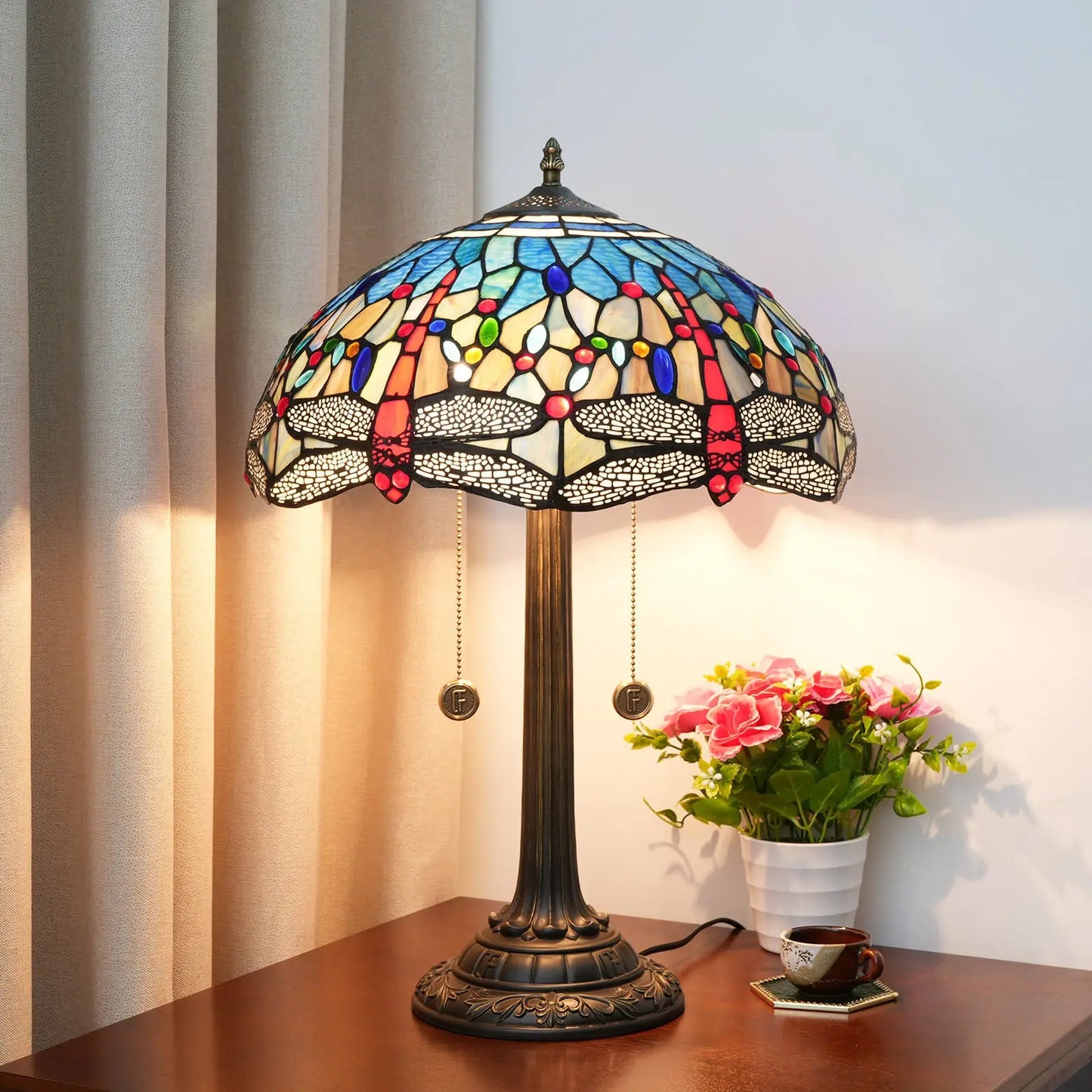 16inch Stained Glass Lampshade Blue Dragonfly Tiffany Lamp Vintage Desk Light - CTL