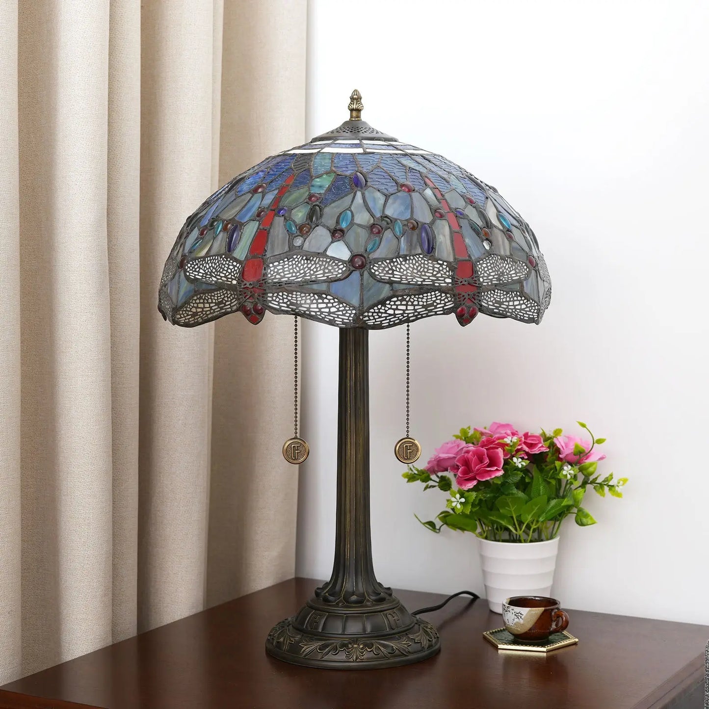 16inch Stained Glass Lampshade Blue Dragonfly Tiffany Lamp Vintage Desk Light - CTL