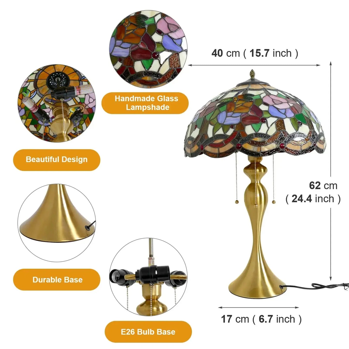 16inch Stained Glass Lampshade Home Office Bedside Light Vintage Tiffany Desk Lamp - CTL