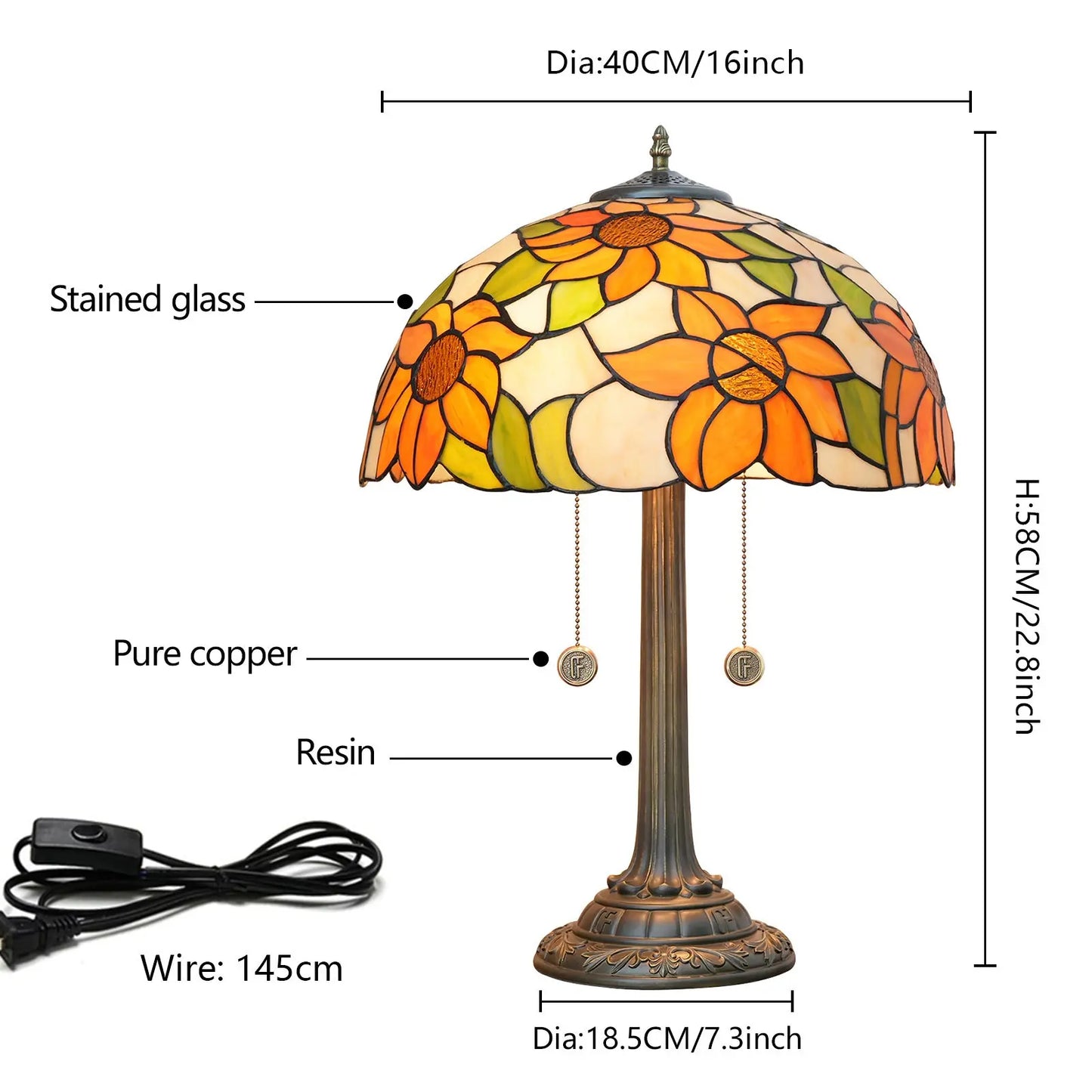 16inch Stained Glass Lampshade Sunflower Tiffany Lamp Vintage Bedside Light - CTL