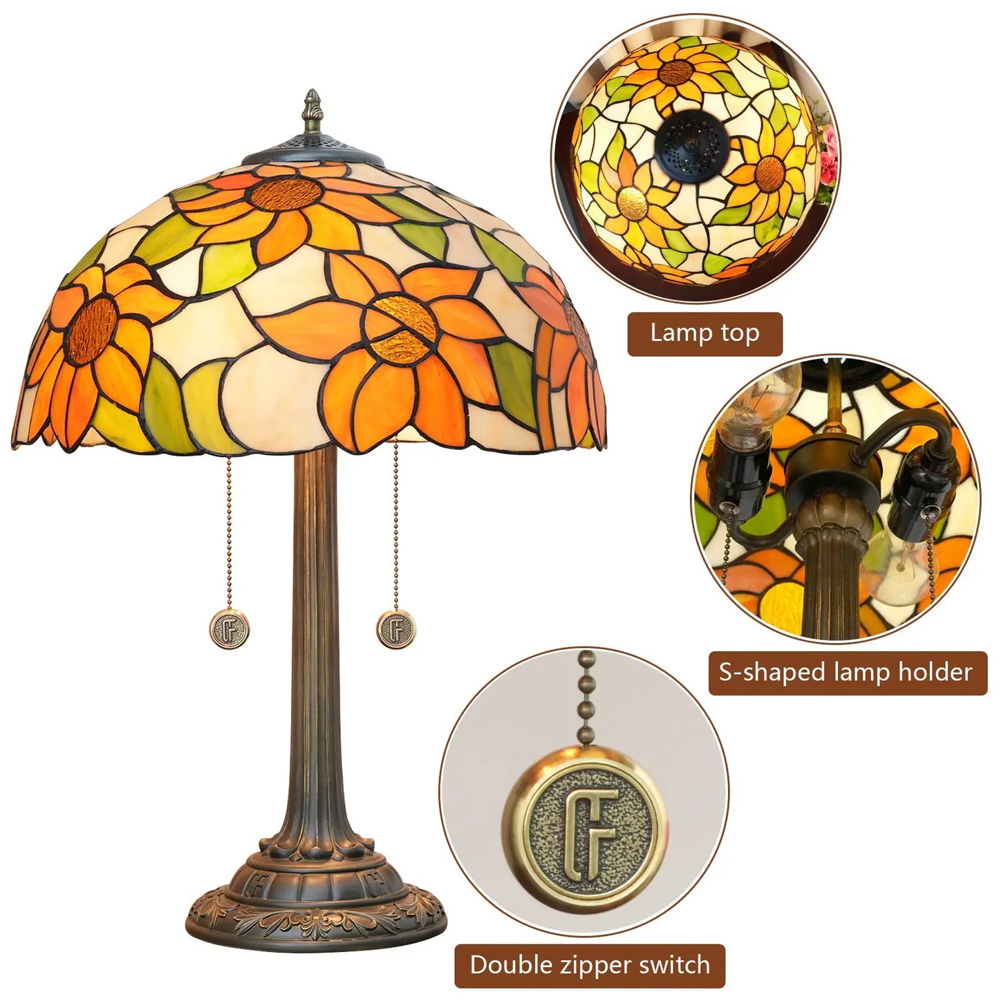 16inch Stained Glass Lampshade Sunflower Tiffany Lamp Vintage Bedside Light - CTL