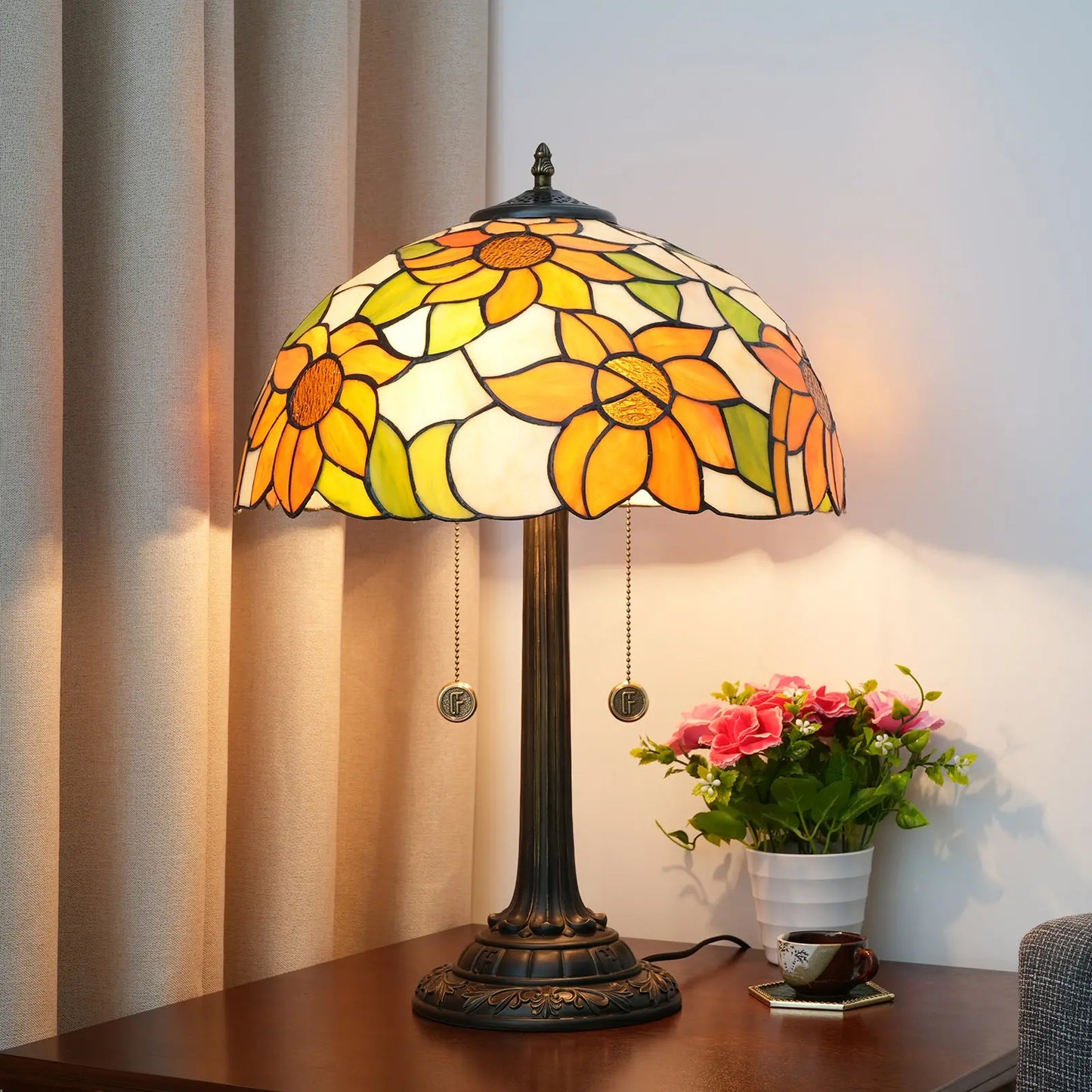 16inch Stained Glass Lampshade Sunflower Tiffany Lamp Vintage Bedside Light - CTL