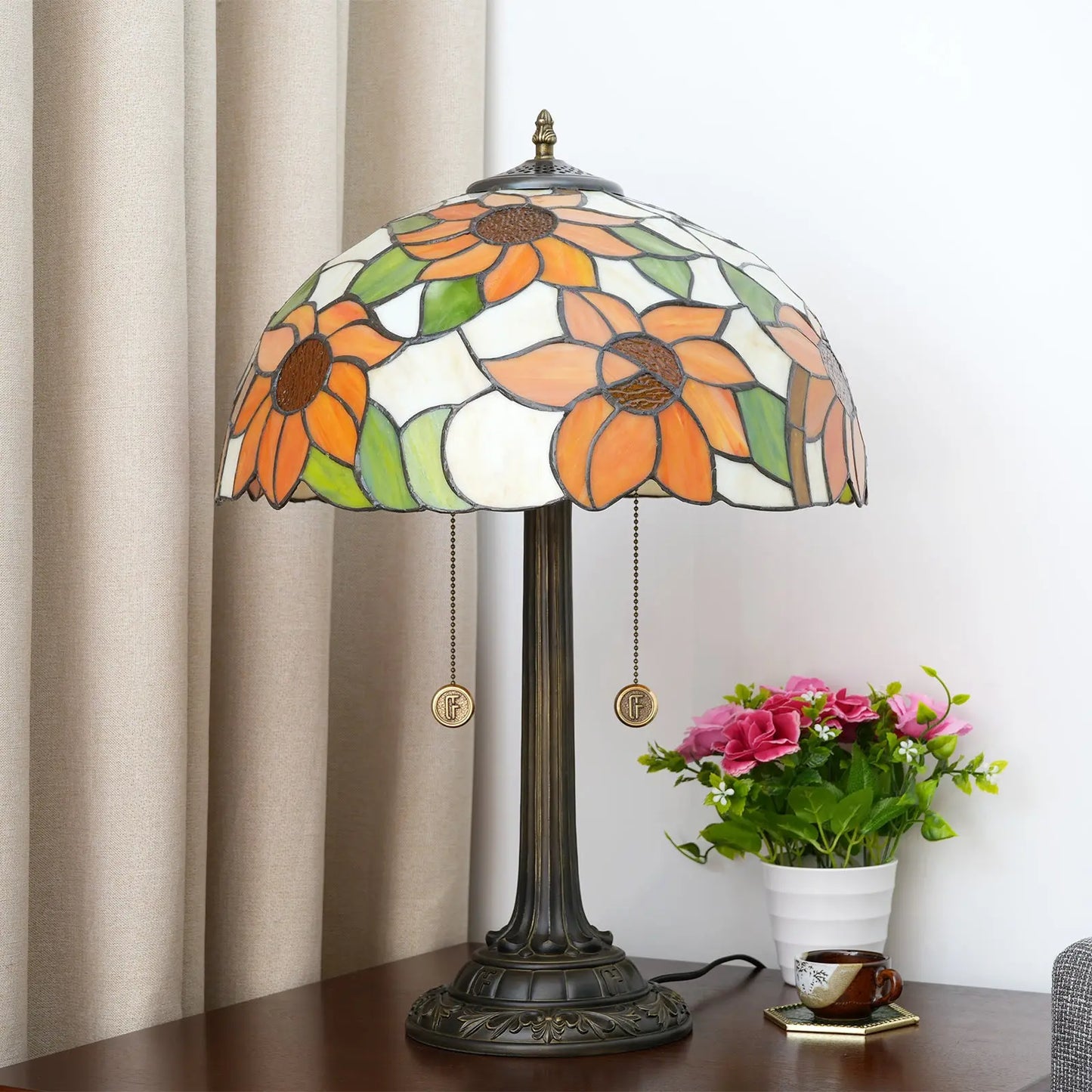 16inch Stained Glass Lampshade Sunflower Tiffany Lamp Vintage Bedside Light - CTL