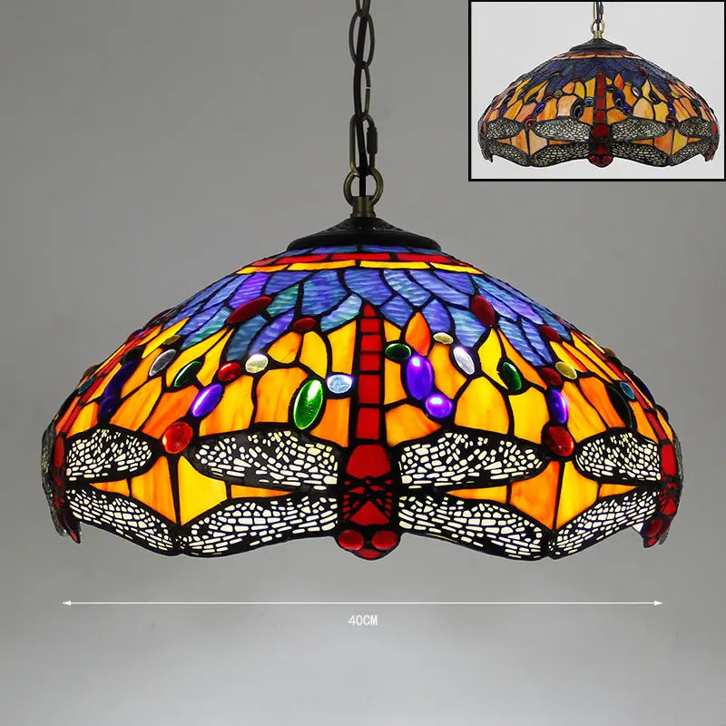 16inch Stained Glass Pastoral Blue Dragonfly Lampshade Vintage Tiffany Pendant Light - CTL