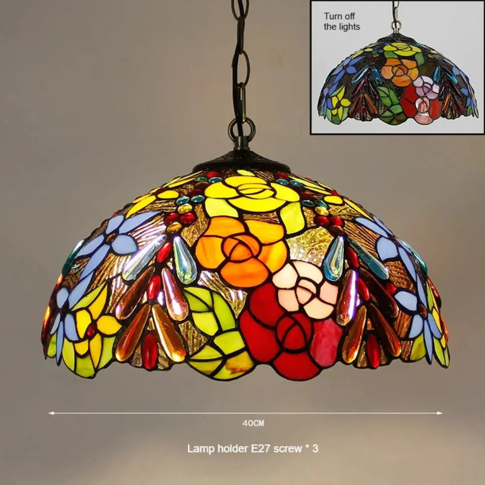 16inch Stained Glass Pastoral Rose Floral Lampshade Vintage Tiffany Pendant Light - CTL