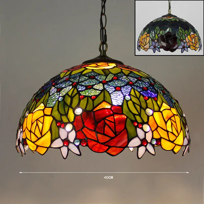 16inch Stained Glass Pastoral Rose Flower Lampshade Vintage Tiffany Pendant Light - CTL
