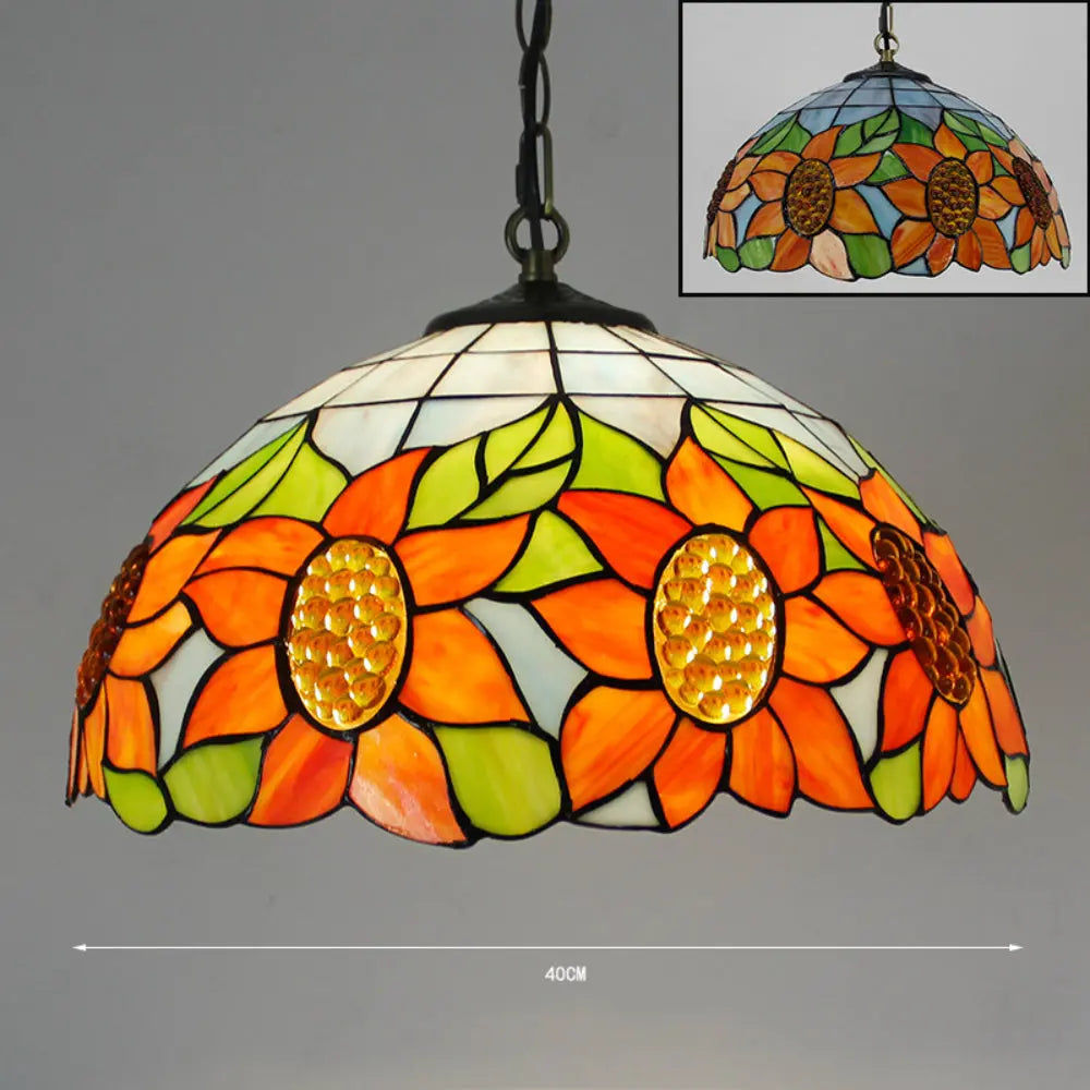 16inch Stained Glass Pastoral Sunflower Floral Lampshade Vintage Tiffany Pendant Light - CTL