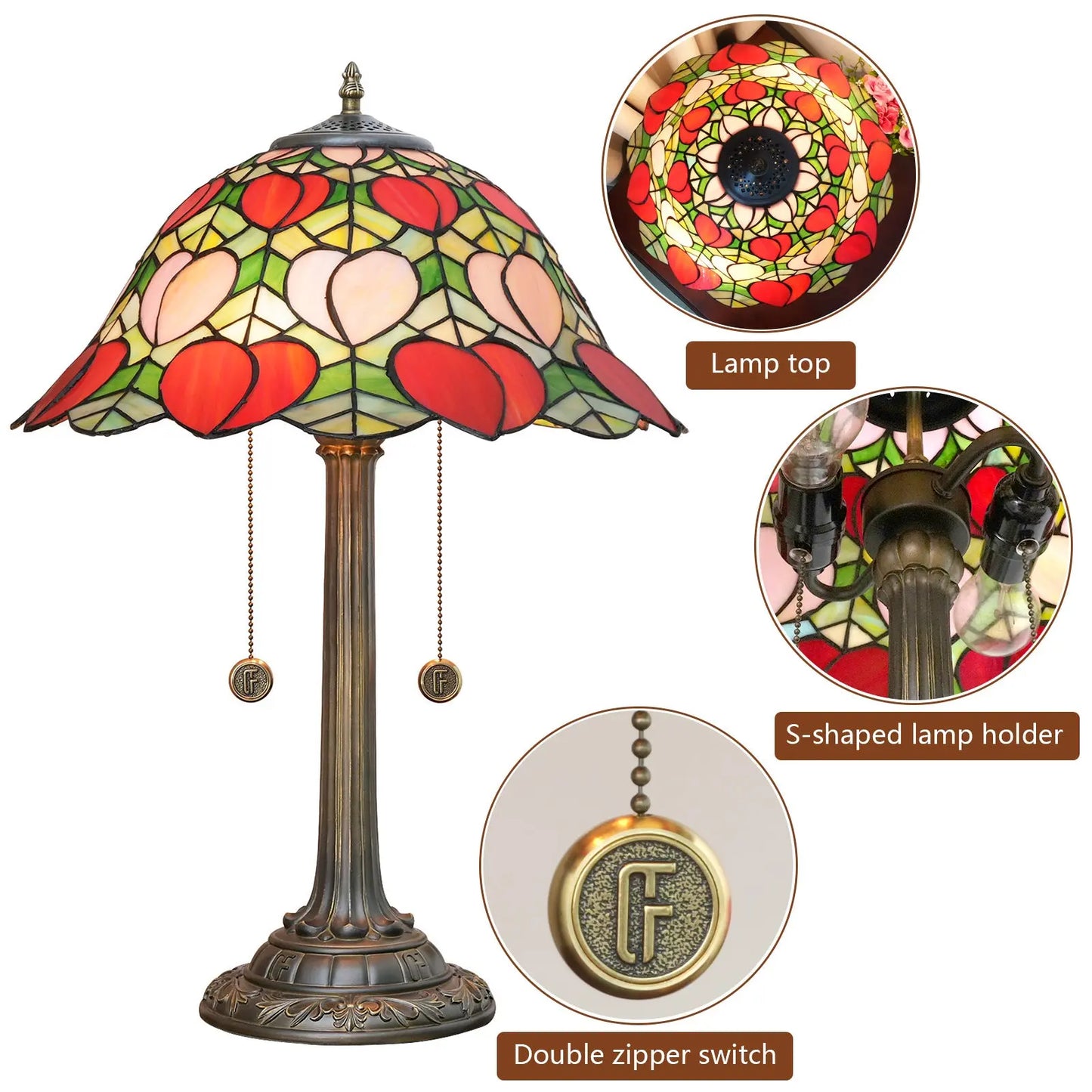 16inch Stained Glass Pink Peach Lampshade Vintage Tiffany Desk Lamp - CTL