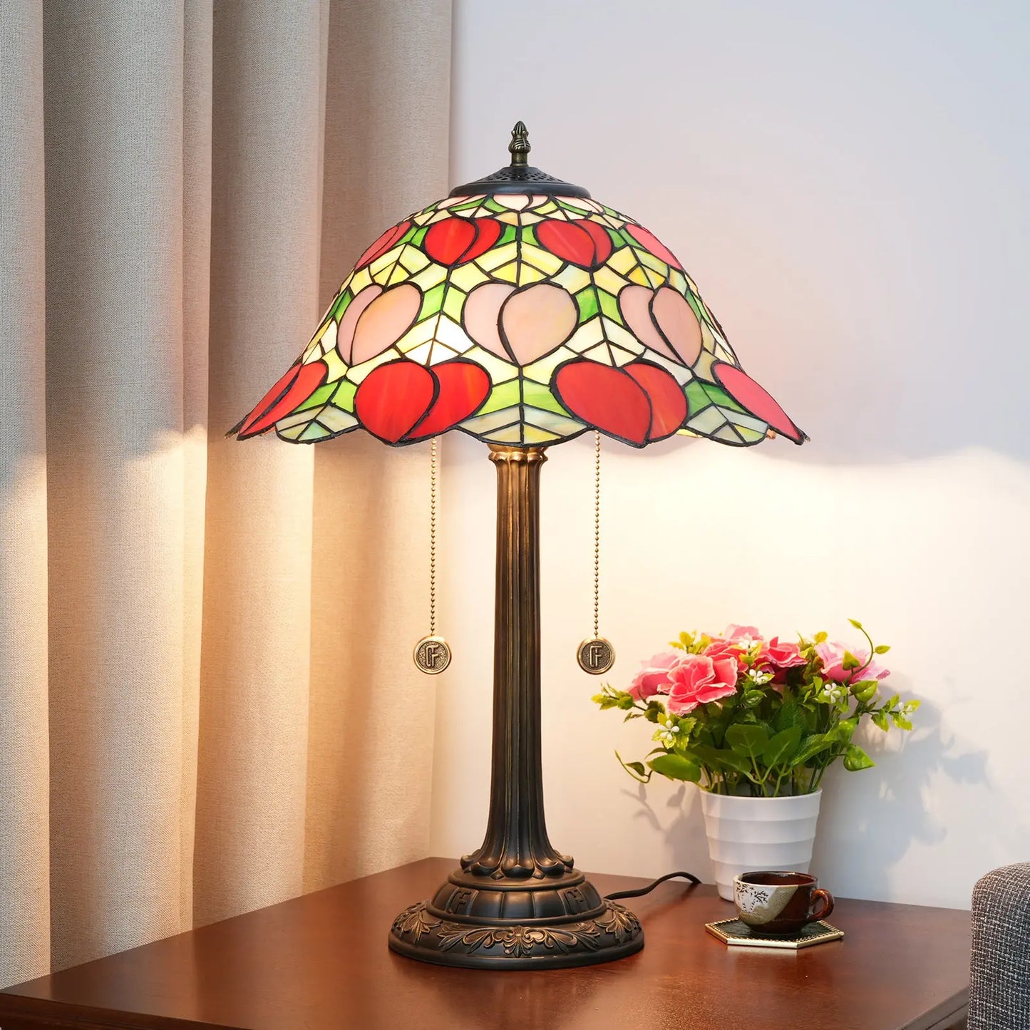 16inch Stained Glass Pink Peach Lampshade Vintage Tiffany Desk Lamp - CTL