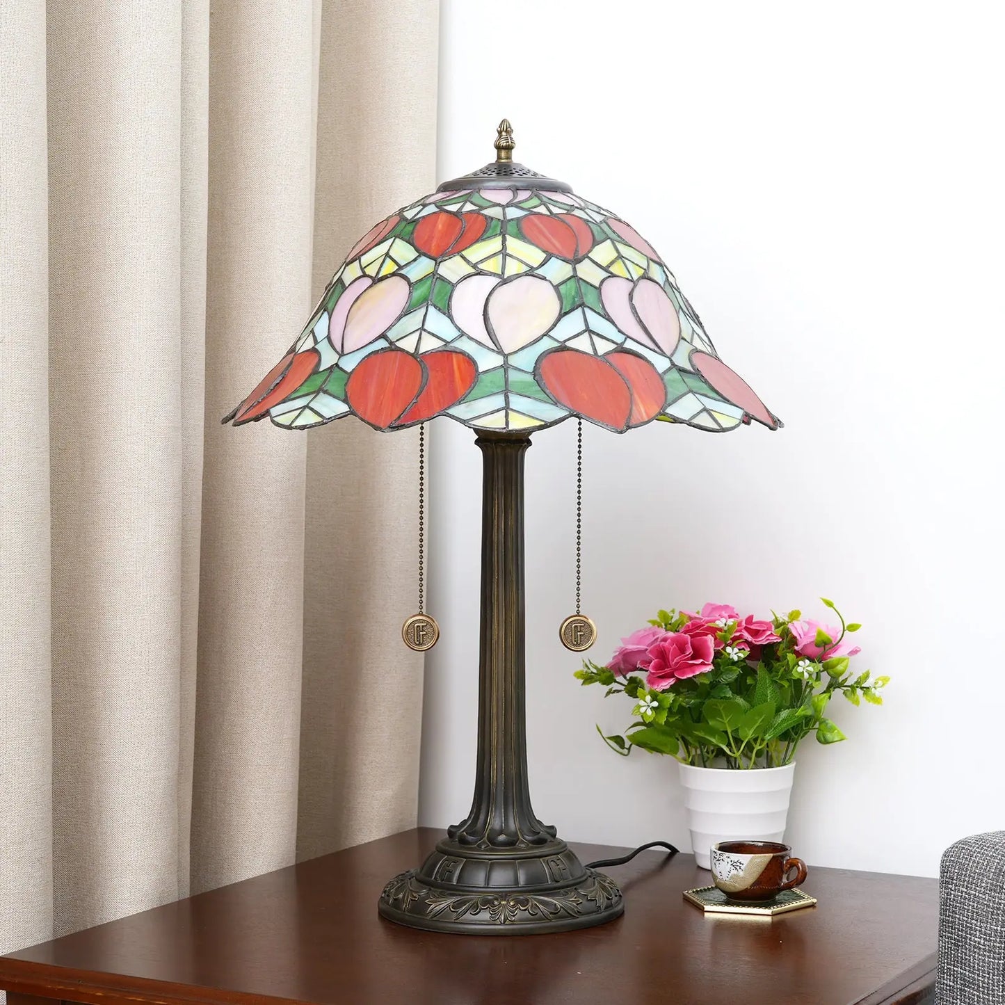 16inch Stained Glass Pink Peach Lampshade Vintage Tiffany Desk Lamp - CTL