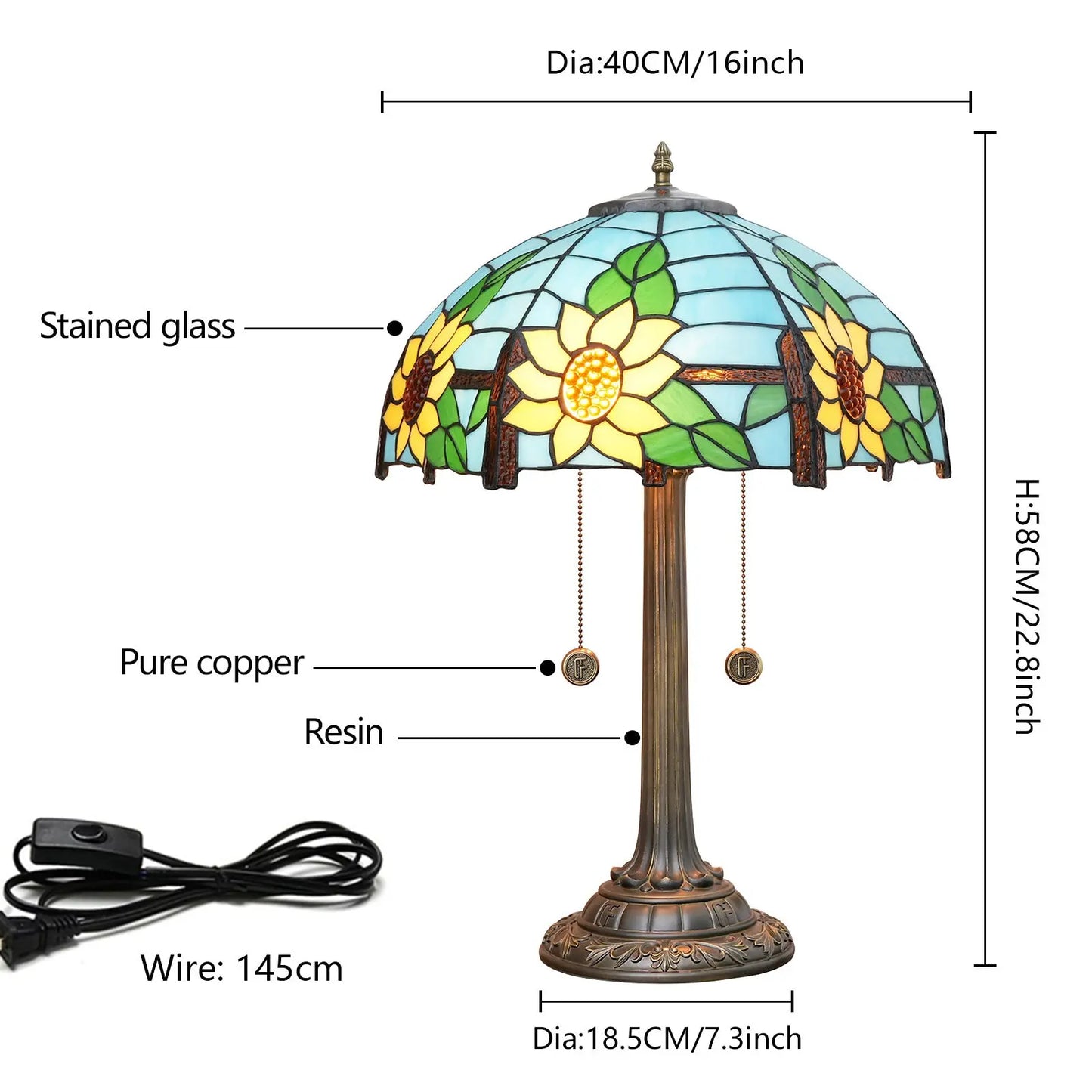 16inch Stained Glass Romantic Blue Sunflower Lampshade Bar Bedroom Bedside Light - CTL