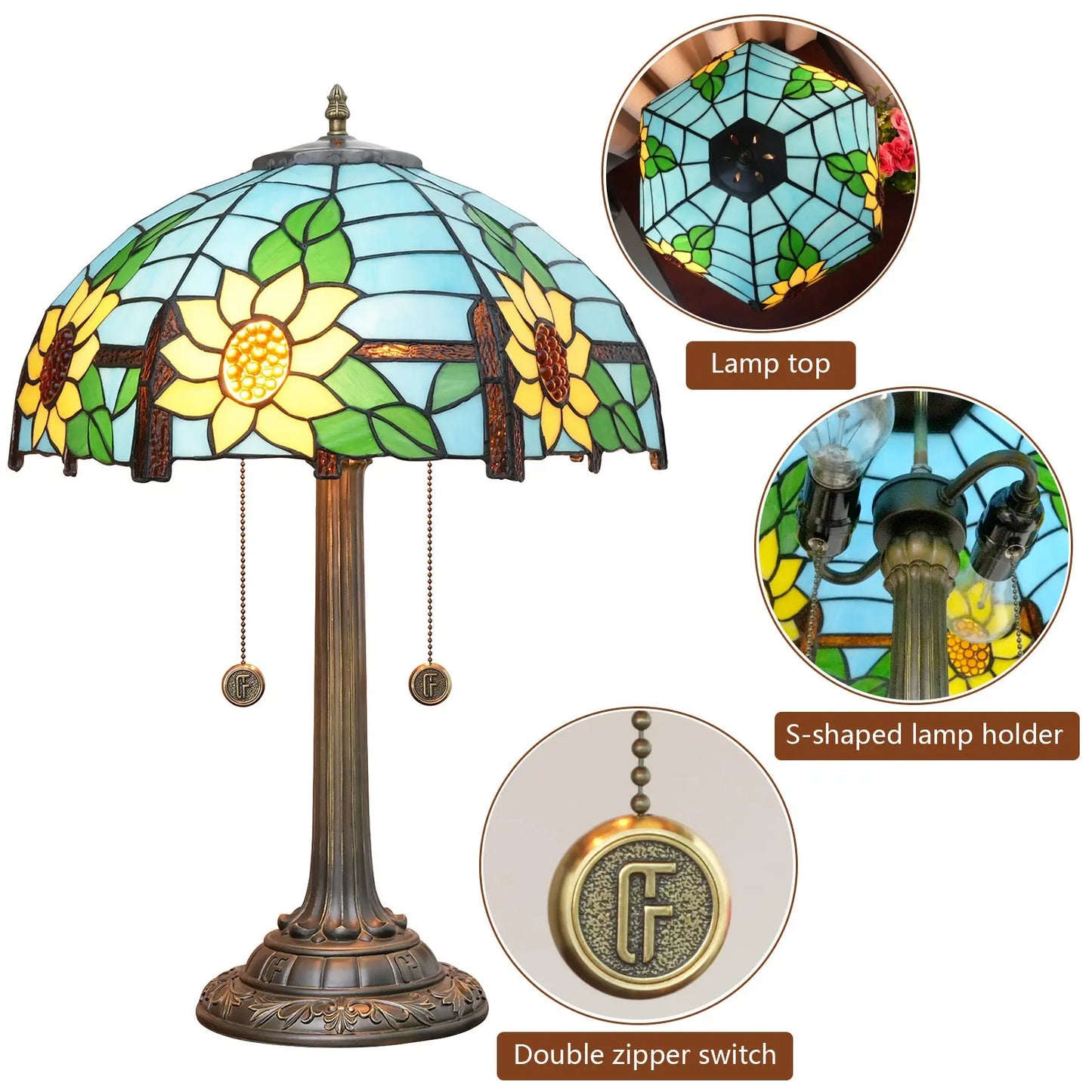 16inch Stained Glass Romantic Blue Sunflower Lampshade Bar Bedroom Bedside Light - CTL