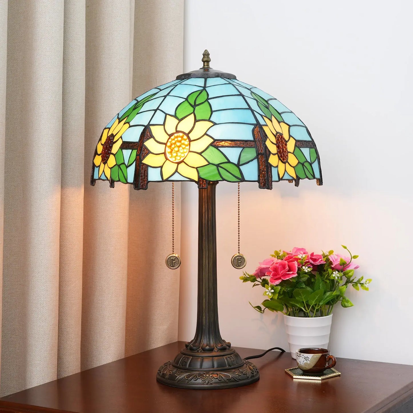 16inch Stained Glass Romantic Blue Sunflower Lampshade Bar Bedroom Bedside Light - CTL