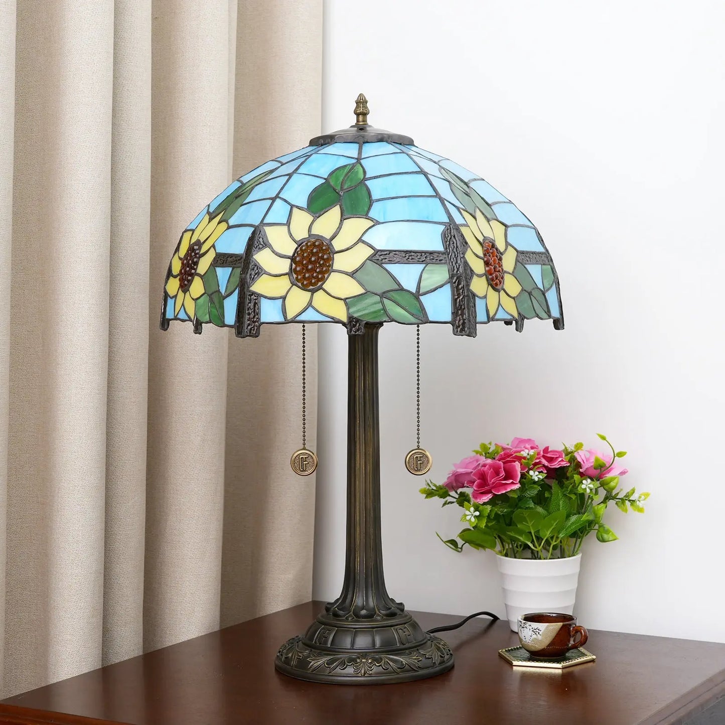 16inch Stained Glass Romantic Blue Sunflower Lampshade Bar Bedroom Bedside Light - CTL