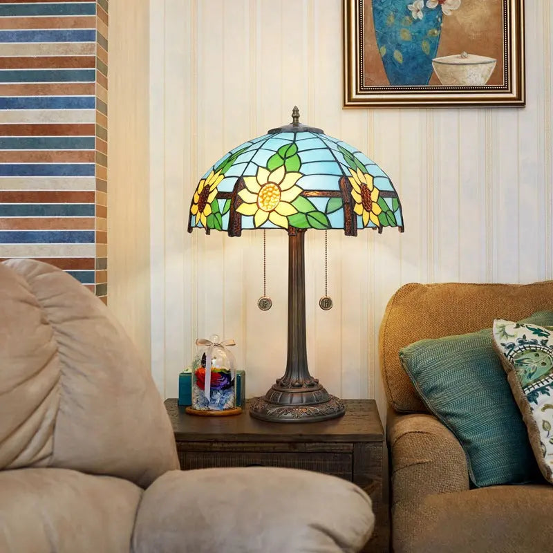 16inch Stained Glass Romantic Blue Sunflower Lampshade Bar Bedroom Bedside Light - CTL