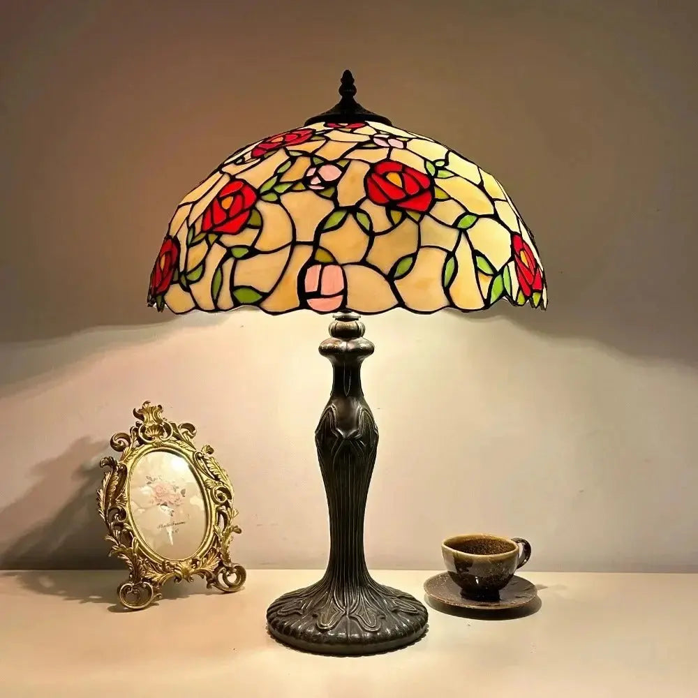 16inch Stained Glass Rose Flower Floral Lamphade Vintage Tiffany Table Lamp - CTL