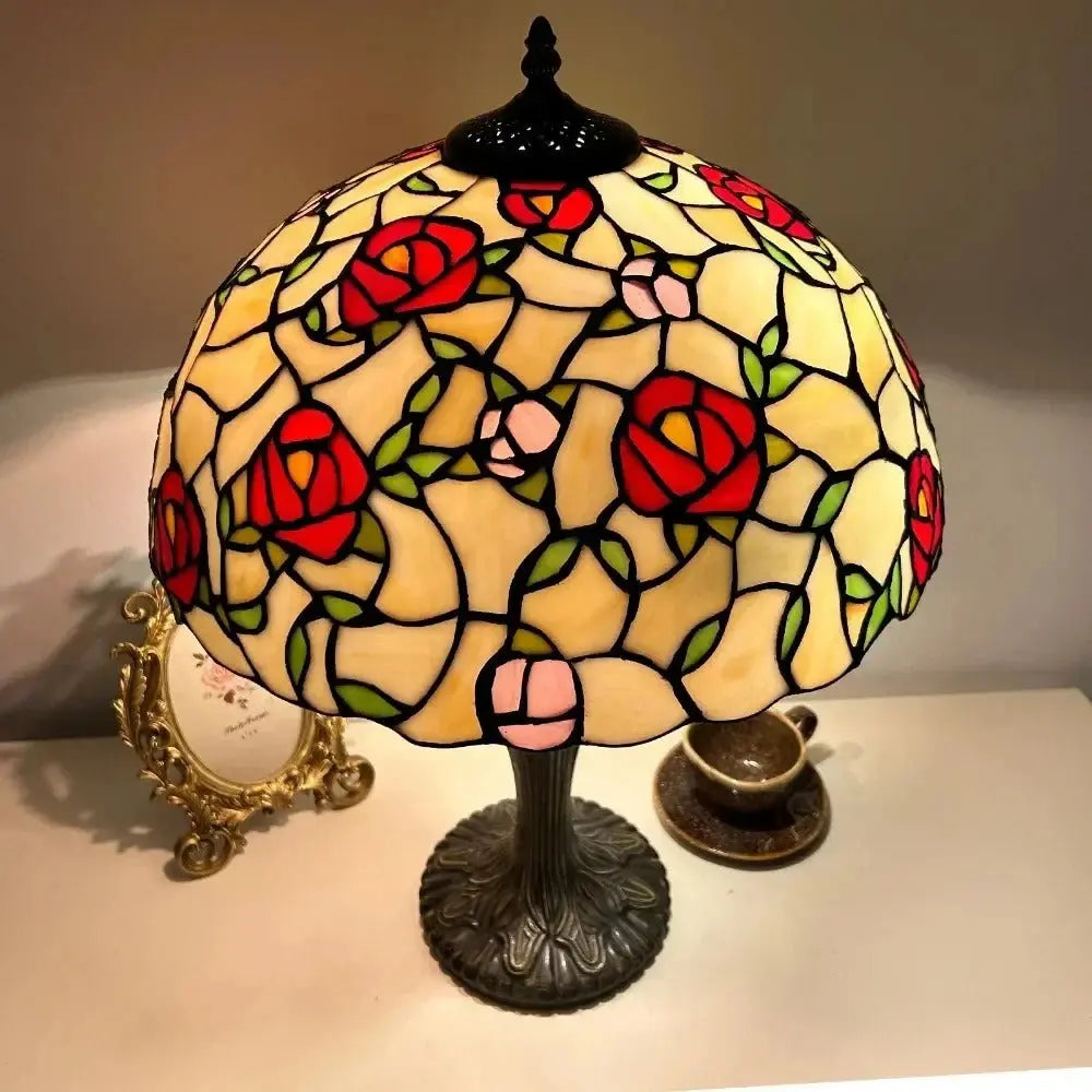 16inch Stained Glass Rose Flower Floral Lamphade Vintage Tiffany Table Lamp - CTL