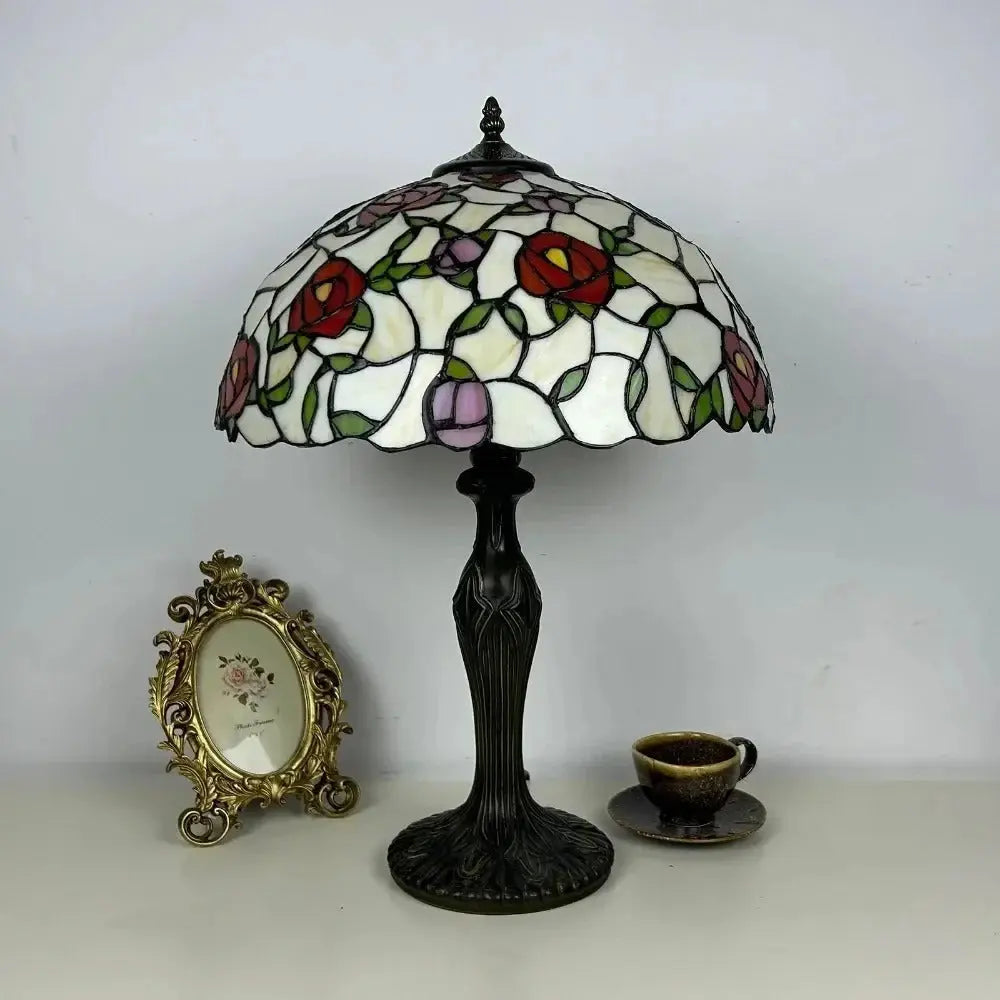16inch Stained Glass Rose Flower Floral Lamphade Vintage Tiffany Table Lamp - CTL