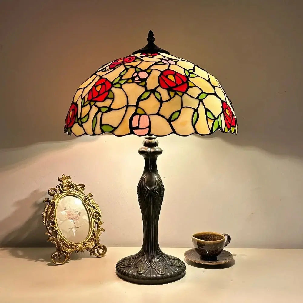 16inch Stained Glass Rose Flower Floral Lamphade Vintage Tiffany Table Lamp - CTL