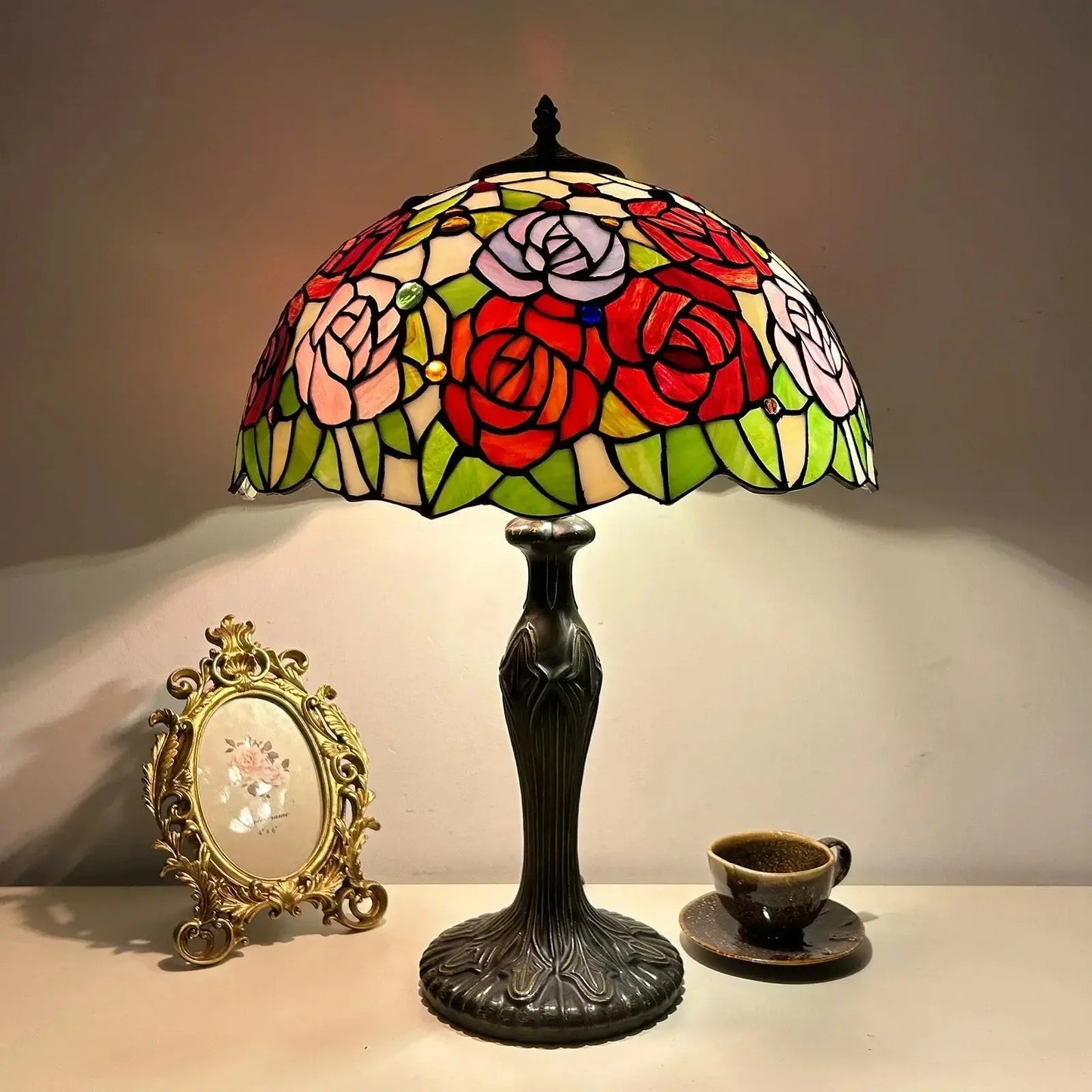 16inch Stained Glass Rose Flower Floral Lamphade Vintage Tiffany Table Lamp - CTL