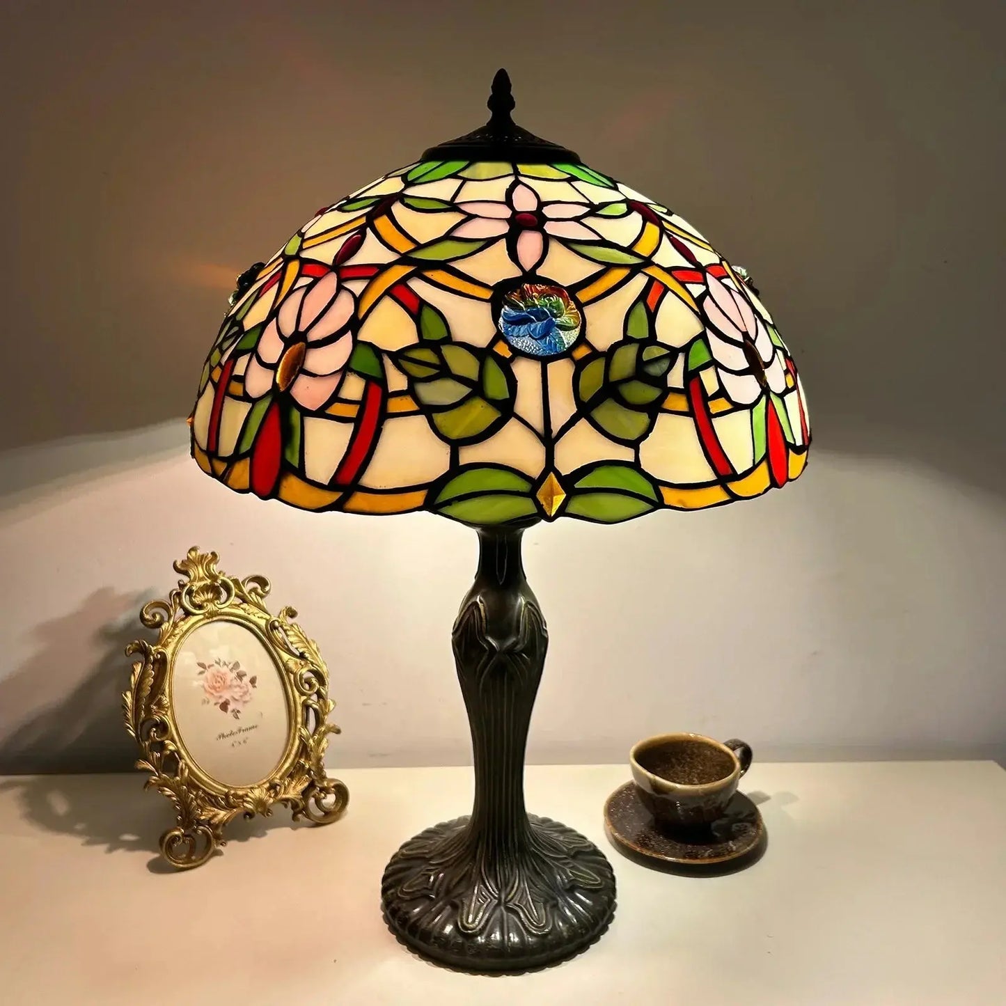 16inch Stained Glass Rose Flower Floral Lamphade Vintage Tiffany Table Lamp - CTL