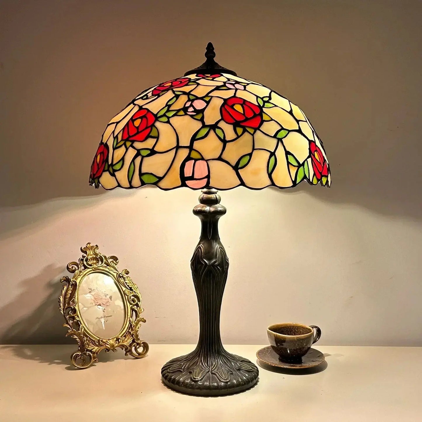 16inch Stained Glass Rose Flower Floral Lamphade Vintage Tiffany Table Lamp - CTL