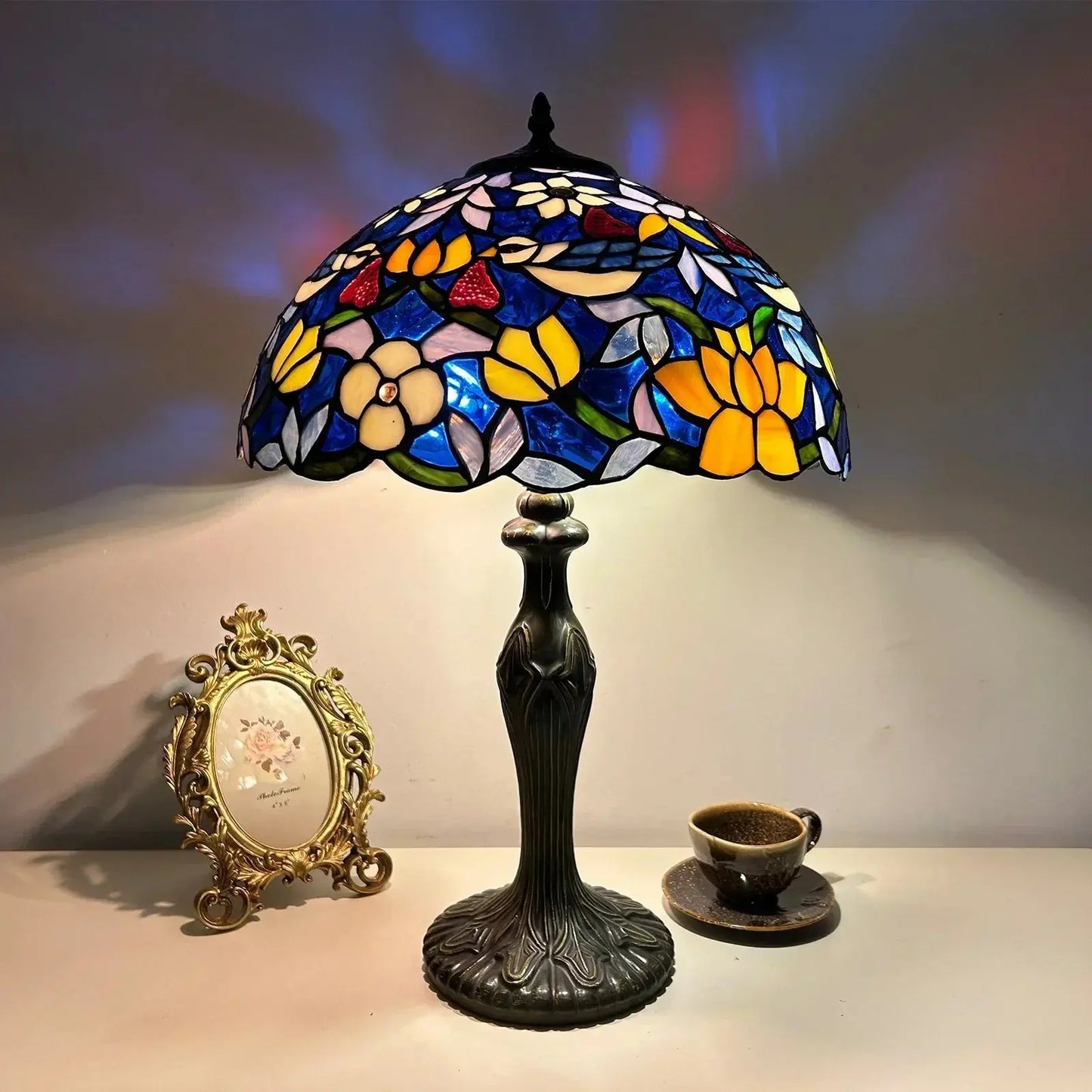 16inch Stained Glass Rose Flower Floral Lamphade Vintage Tiffany Table Lamp - CTL
