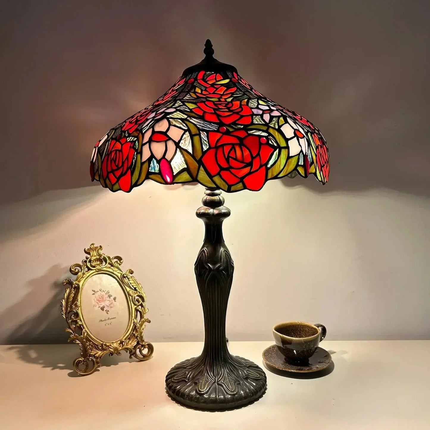 16inch Stained Glass Rose Flower Floral Lamphade Vintage Tiffany Table Lamp - CTL
