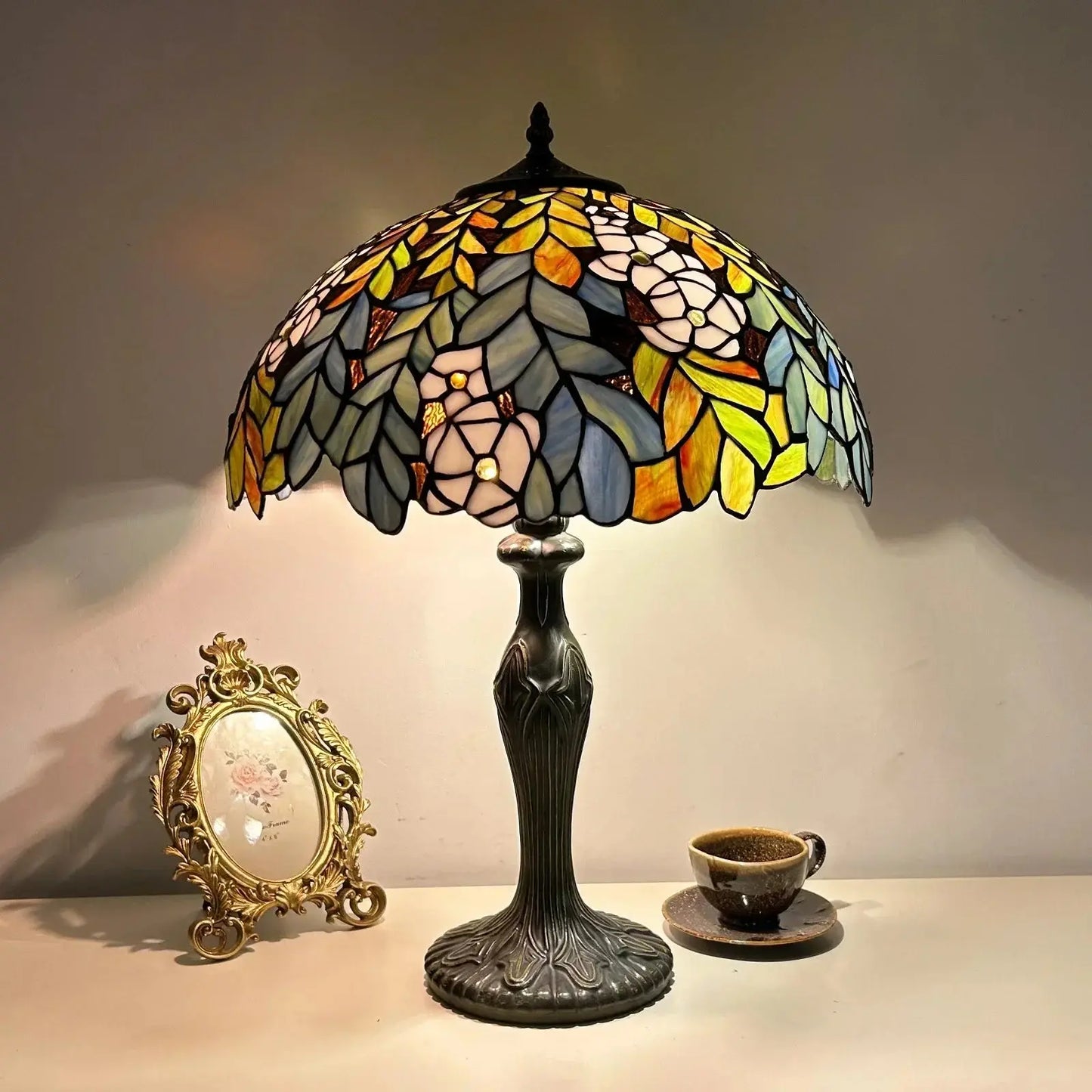 16inch Stained Glass Rose Flower Floral Lamphade Vintage Tiffany Table Lamp - CTL