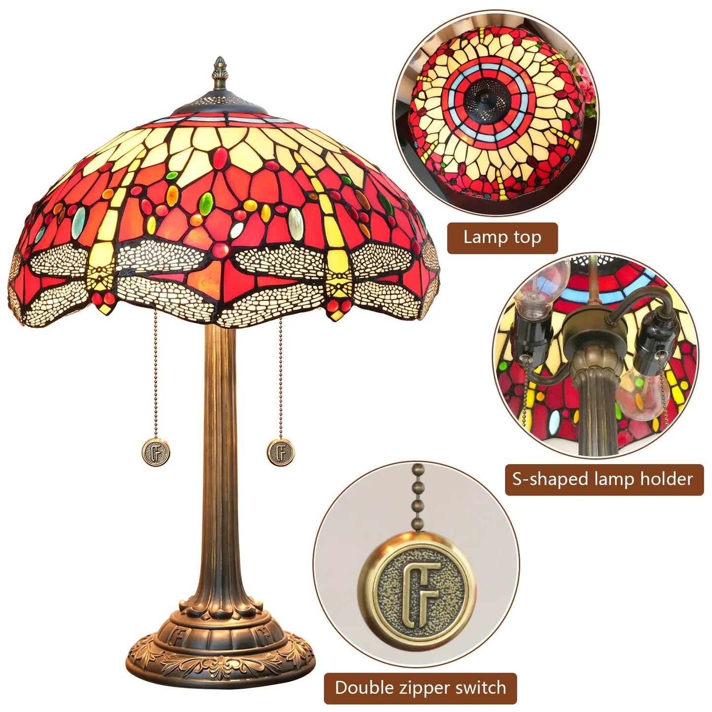 16inch Tiffany Dragonfly Stained Glass Lamp Red Lampshade Bedroom Desk Lamps - CTL
