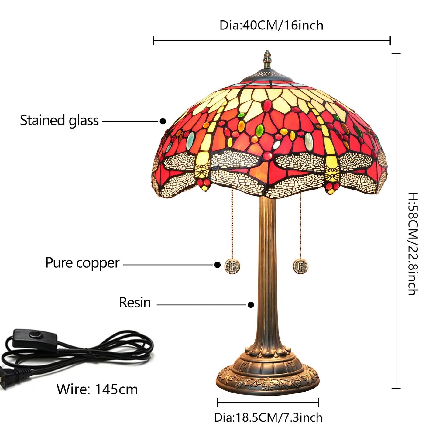 16inch Tiffany Dragonfly Stained Glass Lamp Red Lampshade Bedroom Desk Lamps - CTL