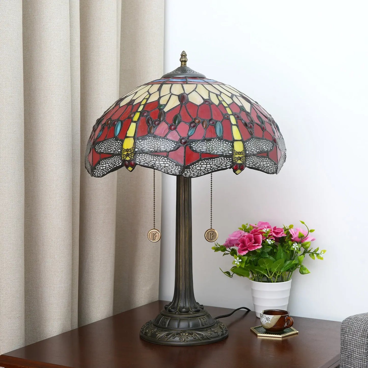 16inch Tiffany Dragonfly Stained Glass Lamp Red Lampshade Bedroom Desk Lamps - CTL