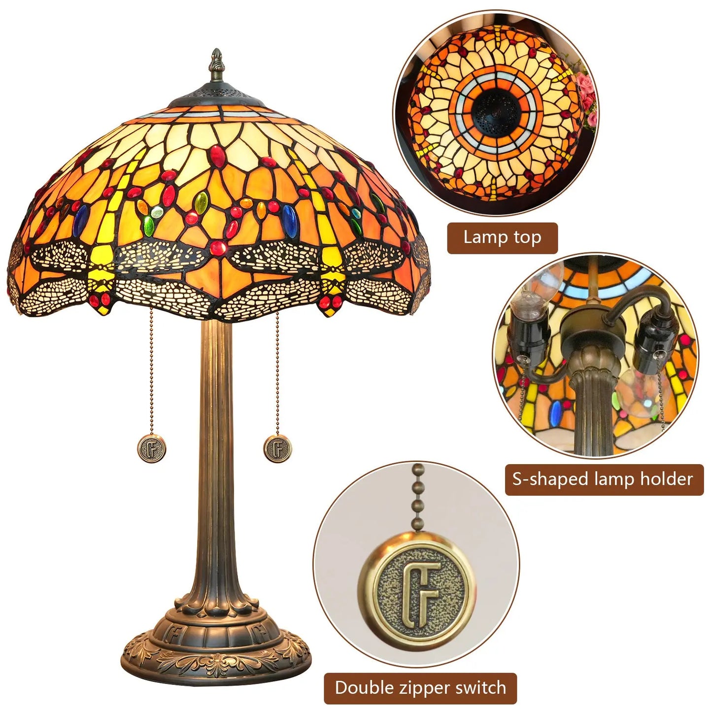 16inch Tiffany Dragonfly Table Lamp Stained Glass Orange Lampshade Bedroom Bedside Light - CTL