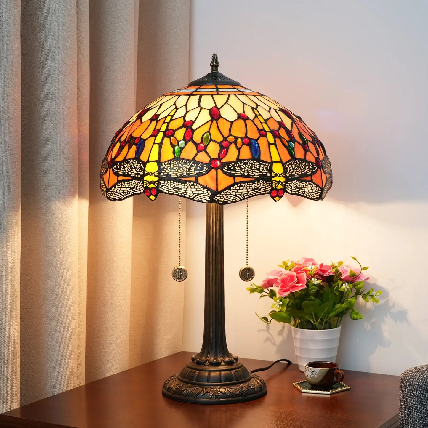 16inch Tiffany Dragonfly Table Lamp Stained Glass Orange Lampshade Bedroom Bedside Light - CTL