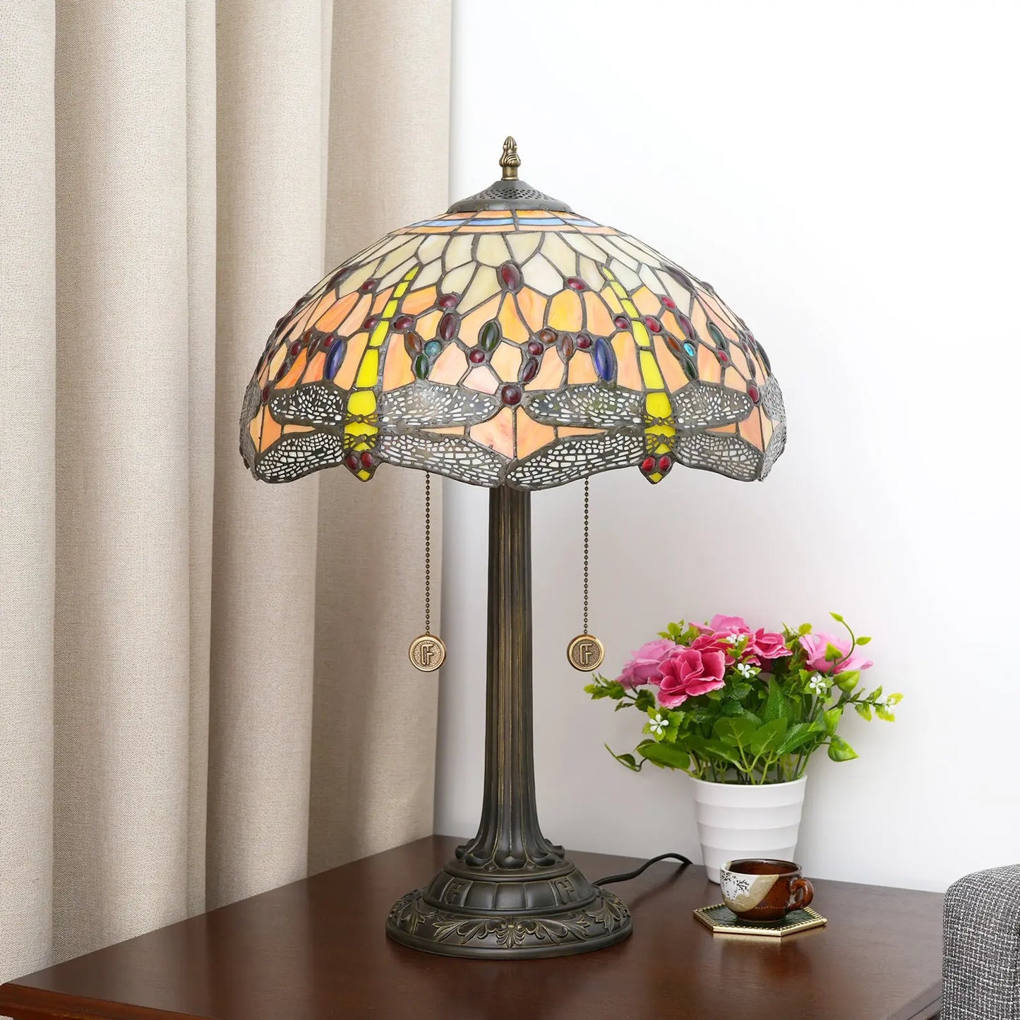 16inch Tiffany Dragonfly Table Lamp Stained Glass Orange Lampshade Bedroom Bedside Light - CTL