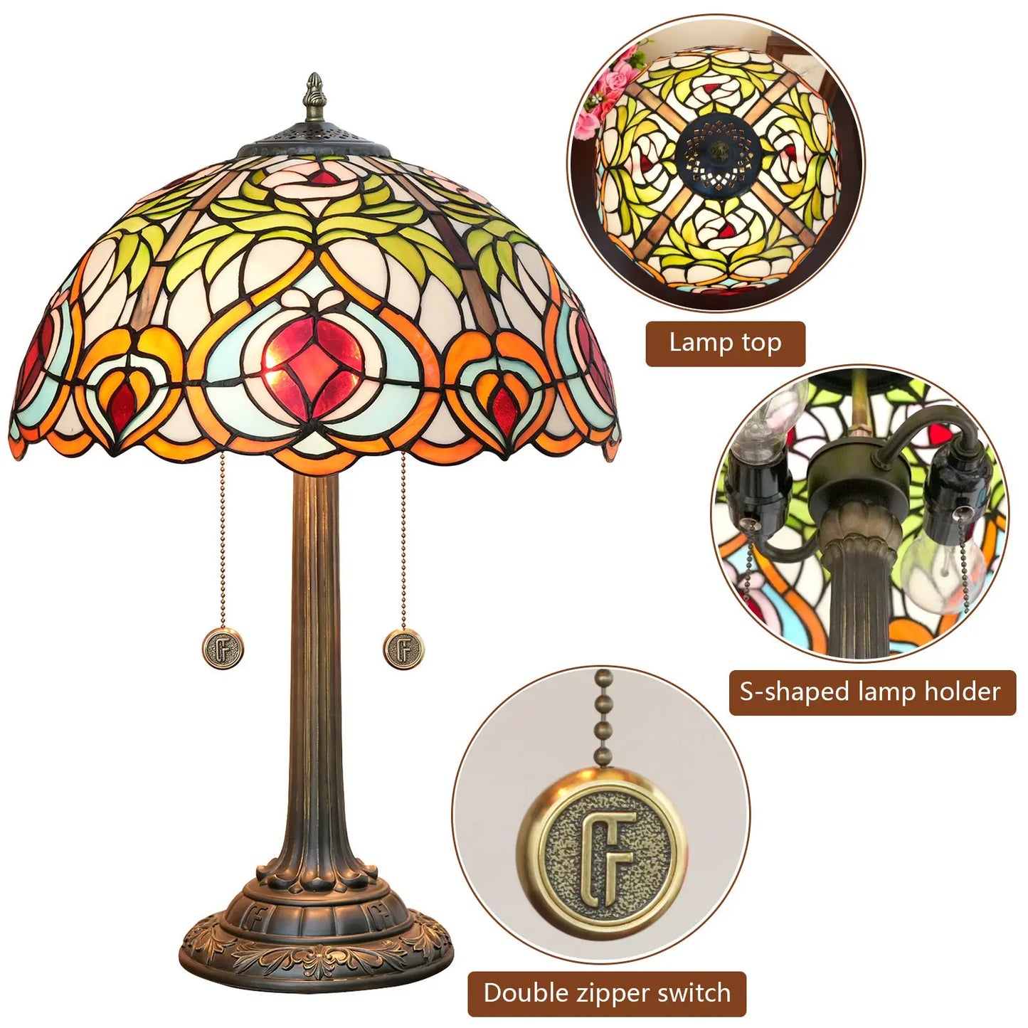 16inch Tiffany Stained Glass Garden Peach Lampshade Bar Bedroom Bedside Light - CTL
