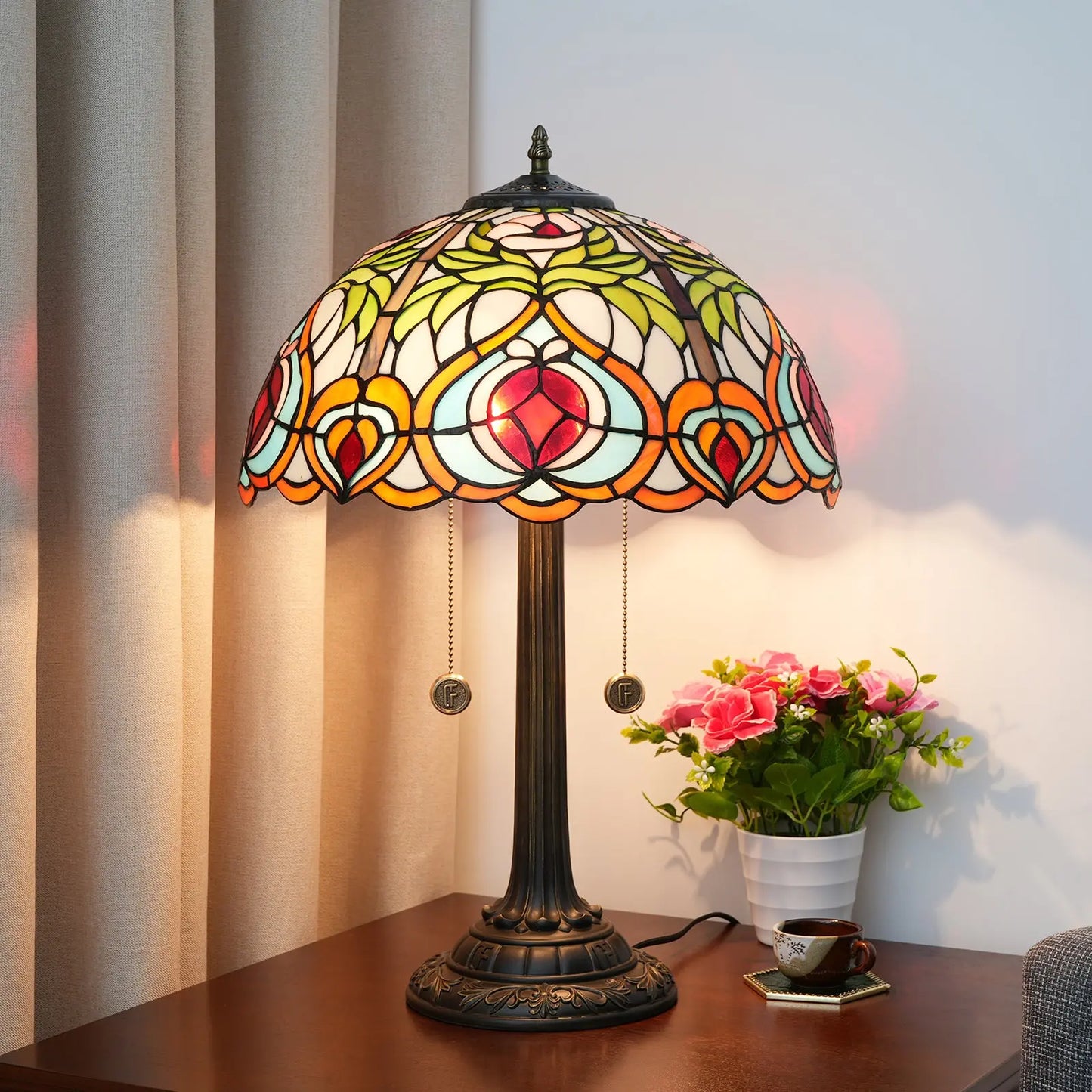 16inch Tiffany Stained Glass Garden Peach Lampshade Bar Bedroom Bedside Light - CTL