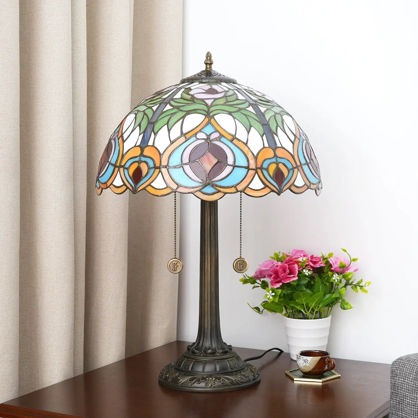 16inch Tiffany Stained Glass Garden Peach Lampshade Bar Bedroom Bedside Light - CTL