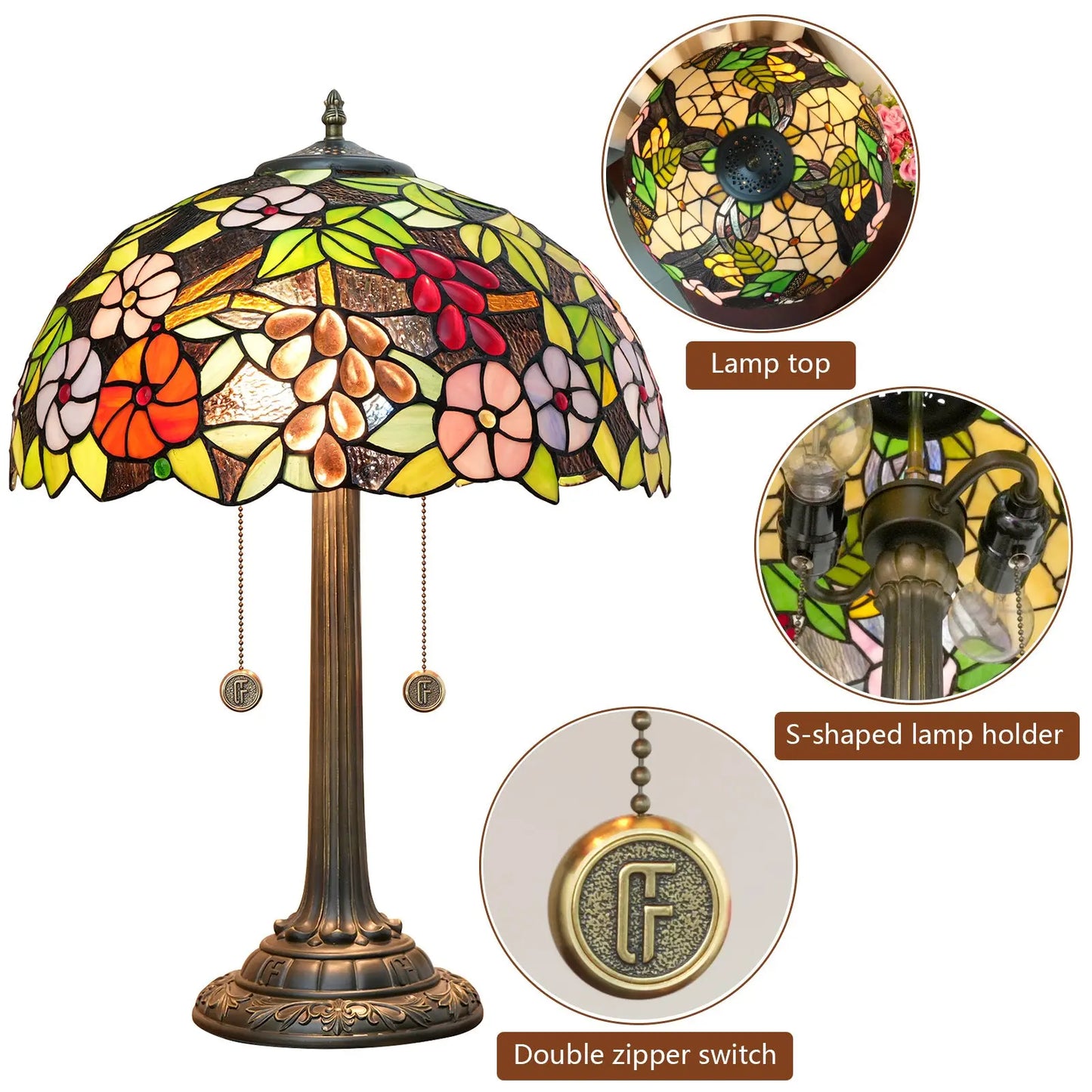 16inch Tiffany Stained Glass Grape Flower Lampshade Bedroom Bedside Light - CTL