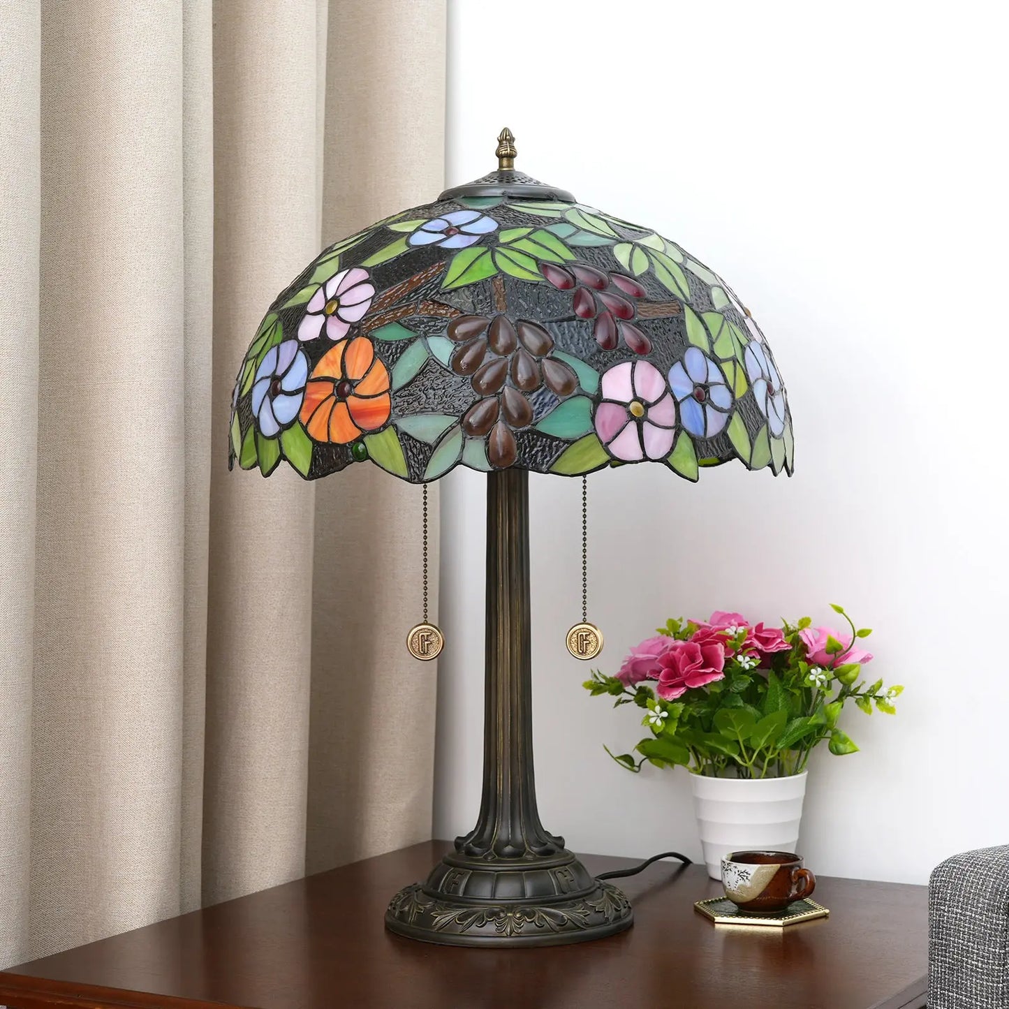 16inch Tiffany Stained Glass Grape Flower Lampshade Bedroom Bedside Light - CTL