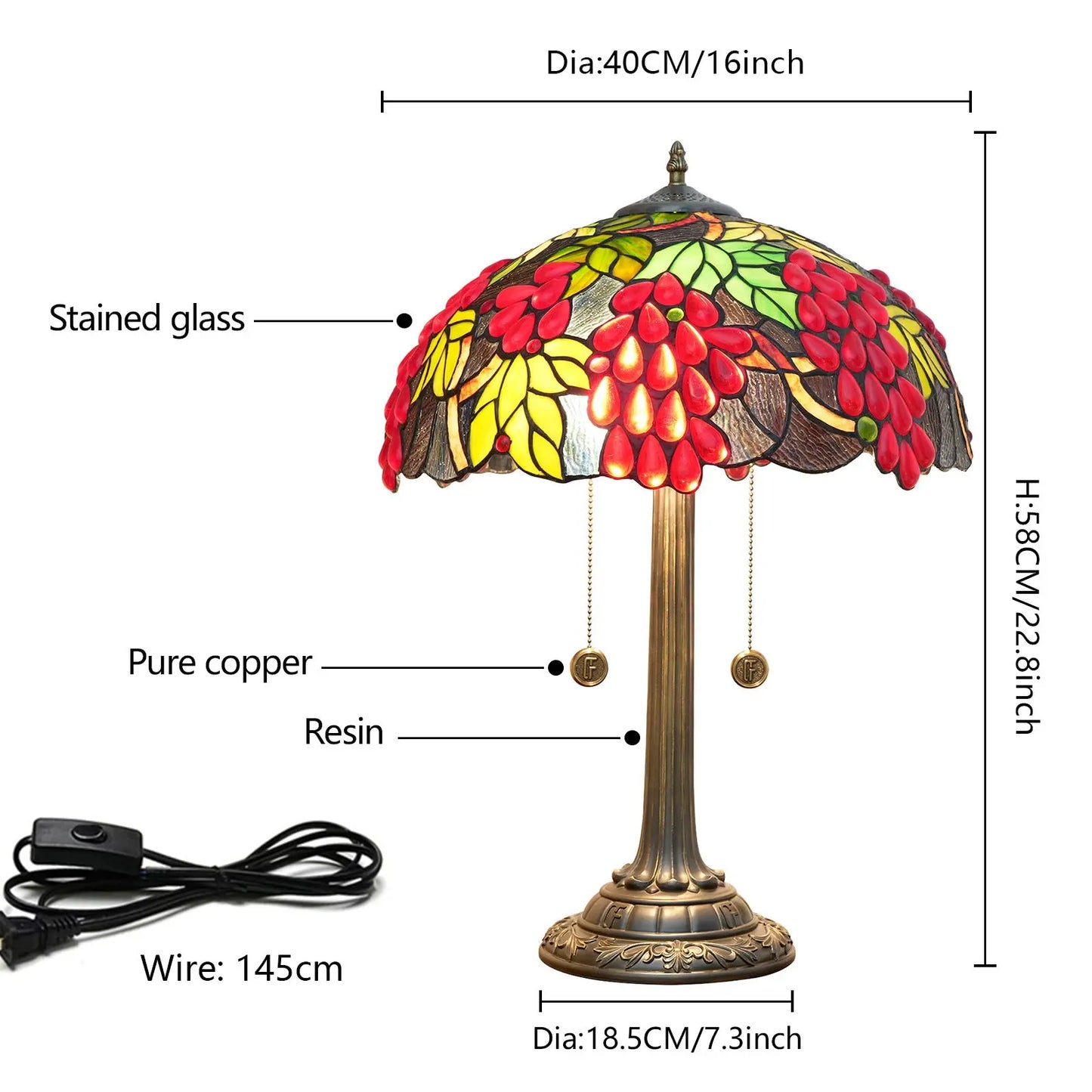 16inch Tiffany Stained Glass Harvest Grapes Lampshade Bar Vintage Table Lamp - CTL