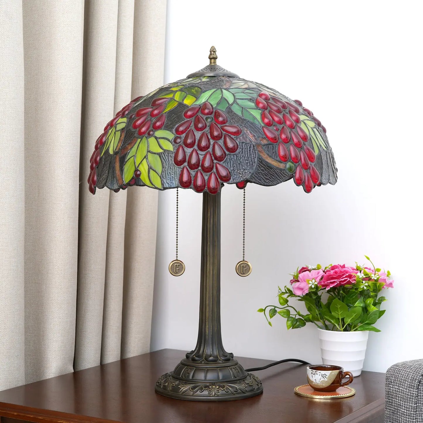 16inch Tiffany Stained Glass Harvest Grapes Lampshade Bar Vintage Table Lamp - CTL