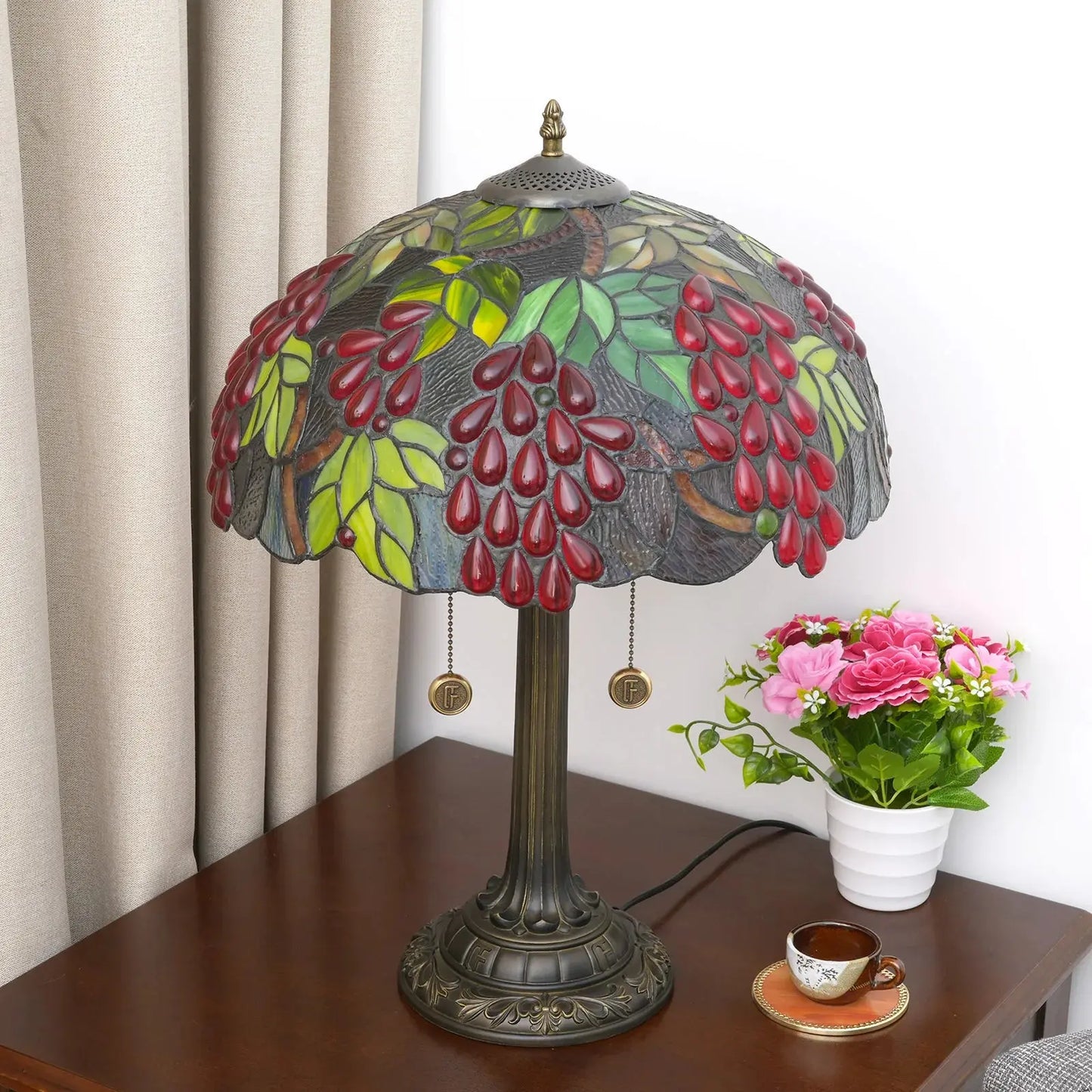 16inch Tiffany Stained Glass Harvest Grapes Lampshade Bar Vintage Table Lamp - CTL
