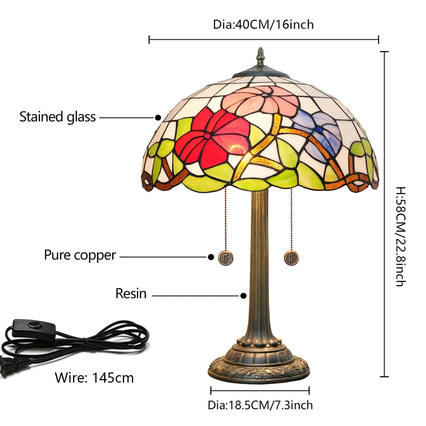 16inch Tiffany Stained Glass Morning Glory Lampshade Bar Bedroom Desk Lamp - CTL