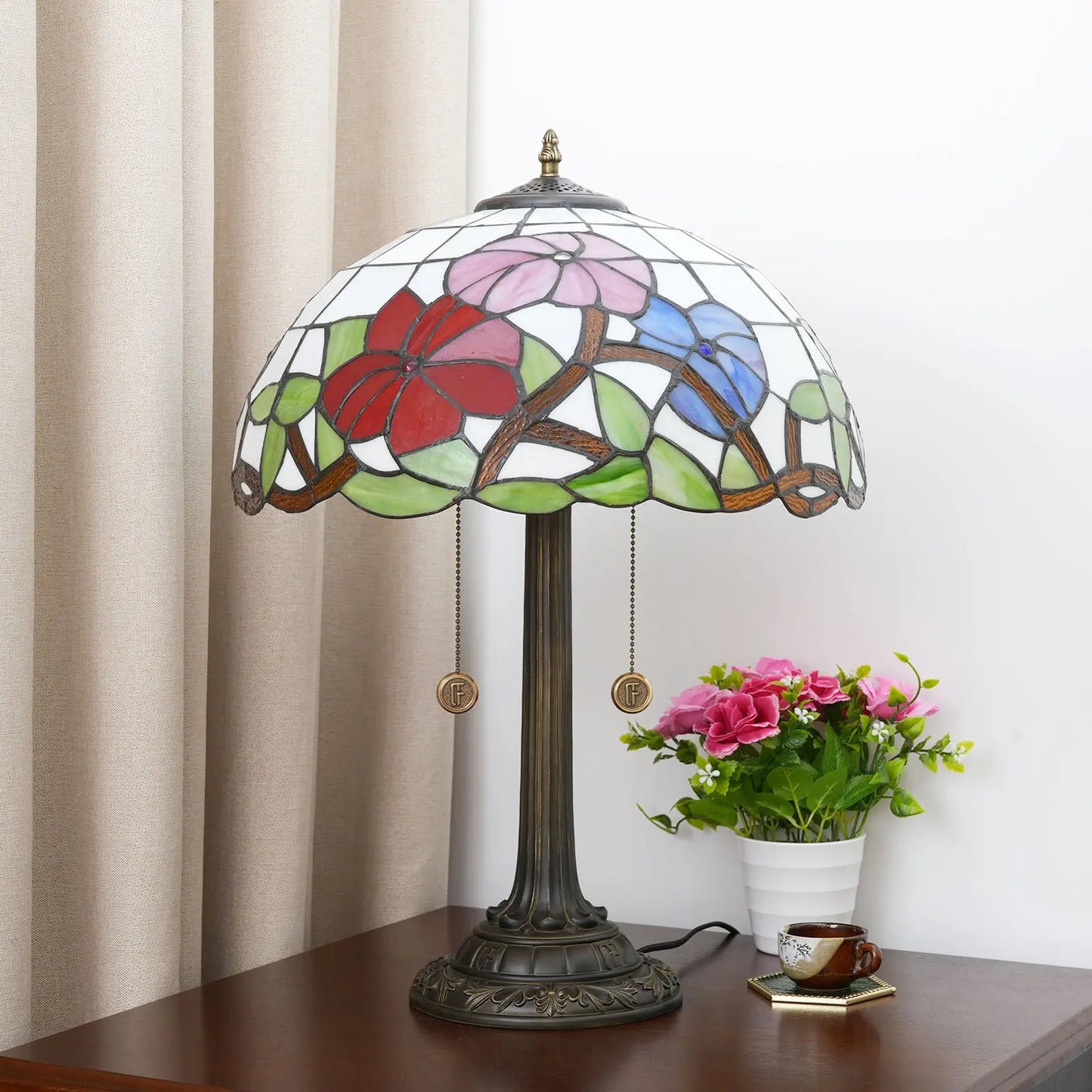 16inch Tiffany Stained Glass Morning Glory Lampshade Bar Bedroom Desk Lamp - CTL