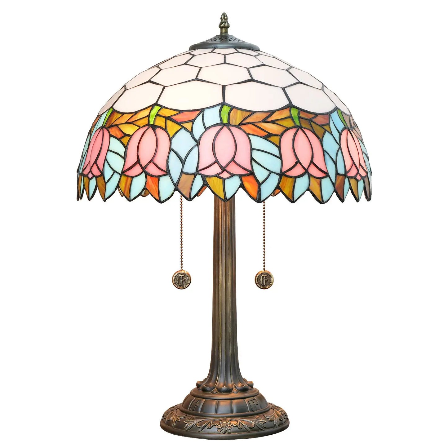 16inch Tiffany Stained Glass Pink Tulip Lampshade Vintage Bedroom Table Lamp - CTL